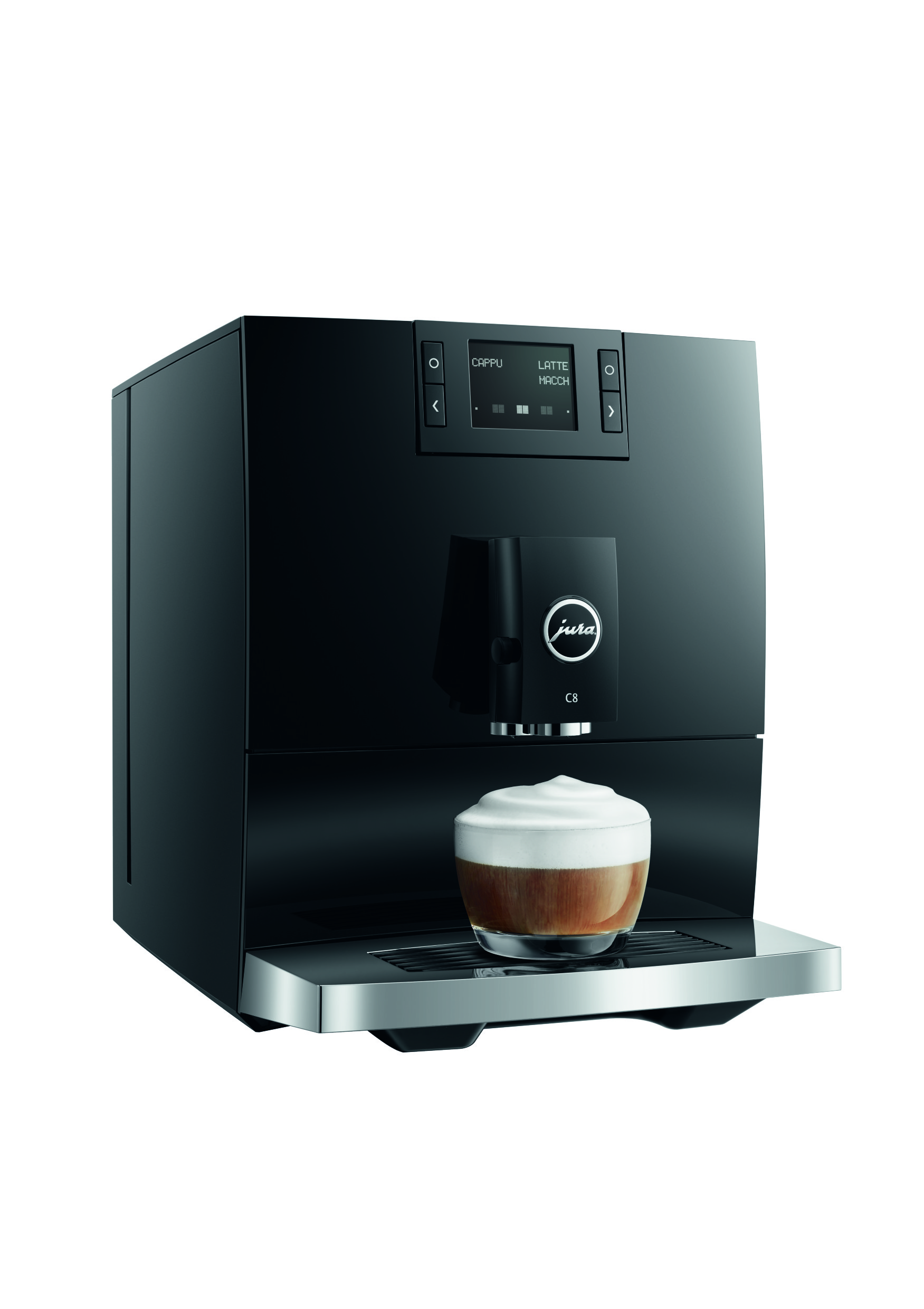 Una cafetera negra Jura C8 con una taza de café y espuma. La máquina está sobre un fondo blanco.