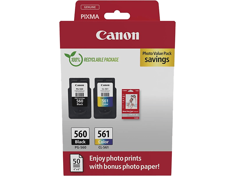 MediaMarkt Pg-560/Cl-561, Canon Cartucho De Tinta, 7.5 Ml Y 8.3 Ml, 180 Páginas, Negro Color (Cian, Magenta, Amarillo)