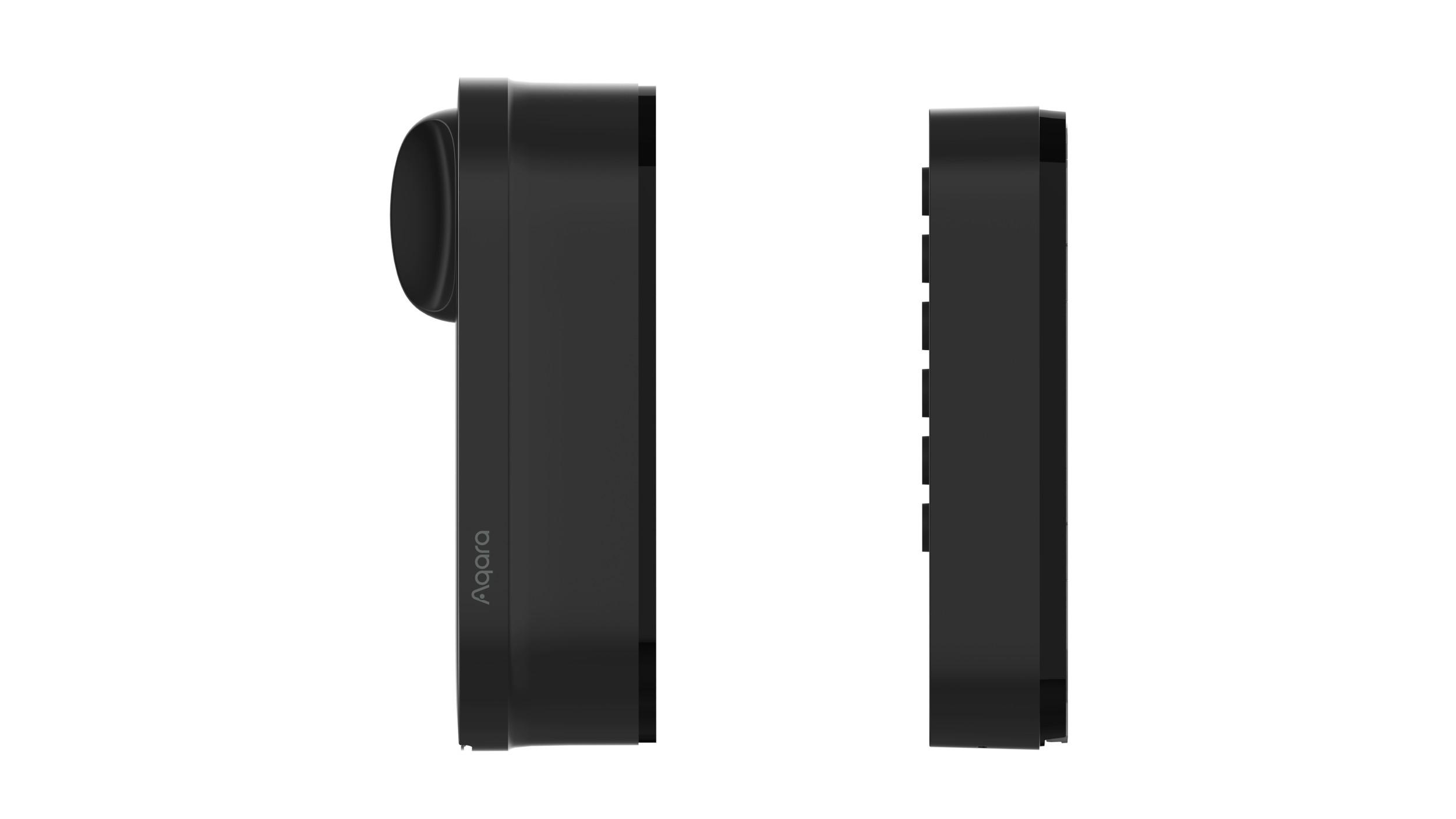 Zwei schwarze Aqara Smart-Home-Geräte, Seitenansicht, vor weißem Hintergrund.