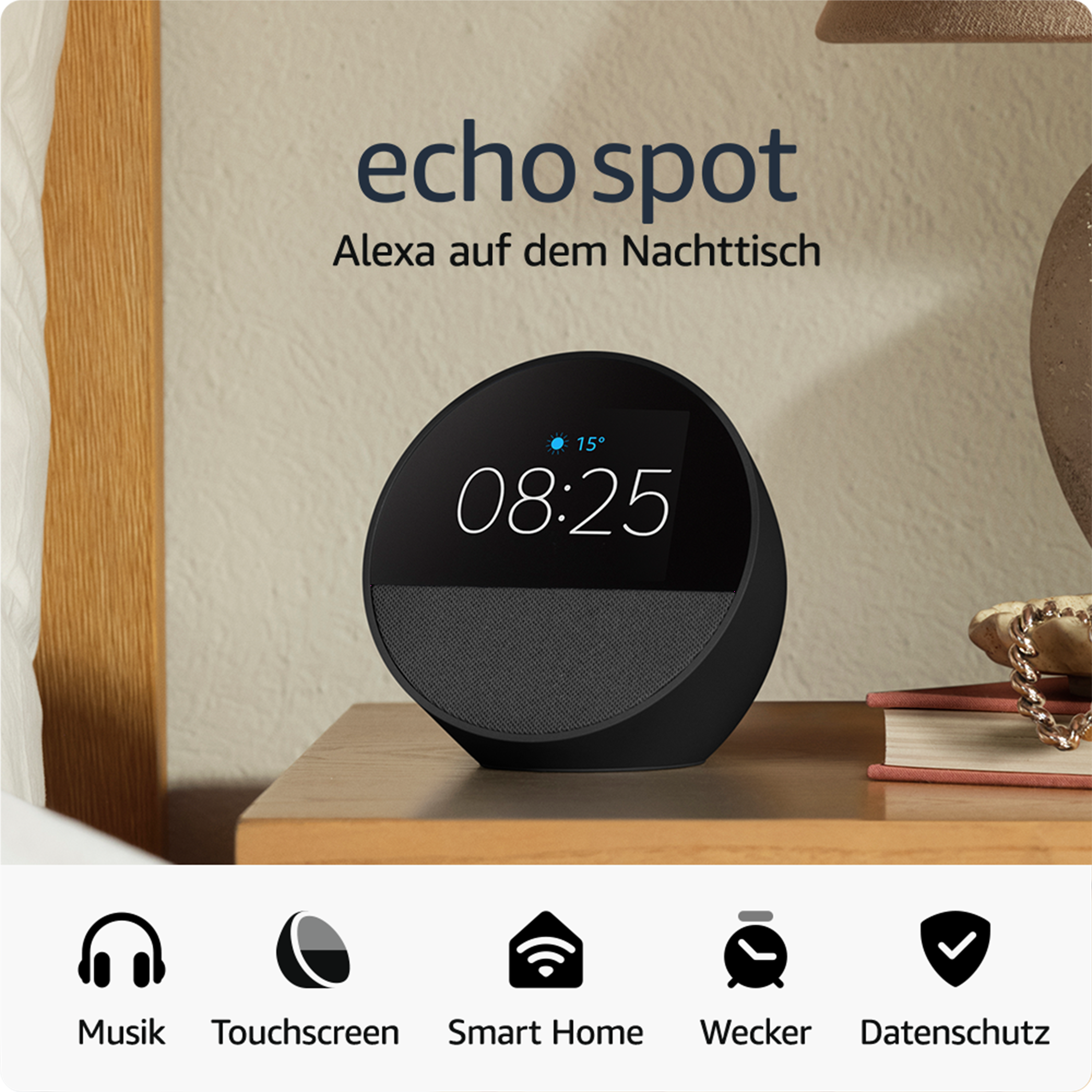 Amazon echo spot ブラック　2024年モデル AMAZON Echo Spot (2024) Smarter Wecker, Black Smart Speaker