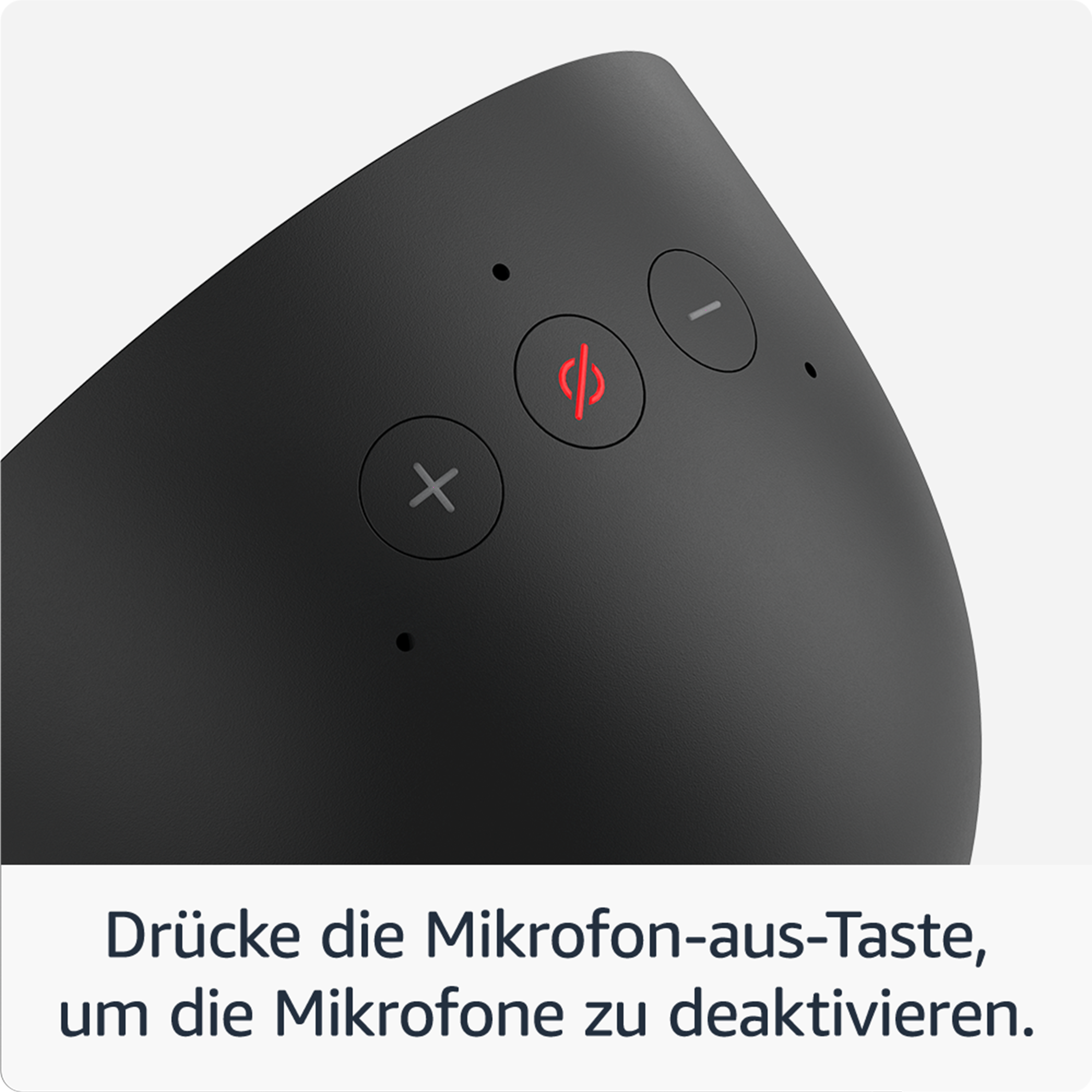 Ein schwarzer Smart Speaker mit Tasten, roter Mikrofon-Stummtaste und Text.