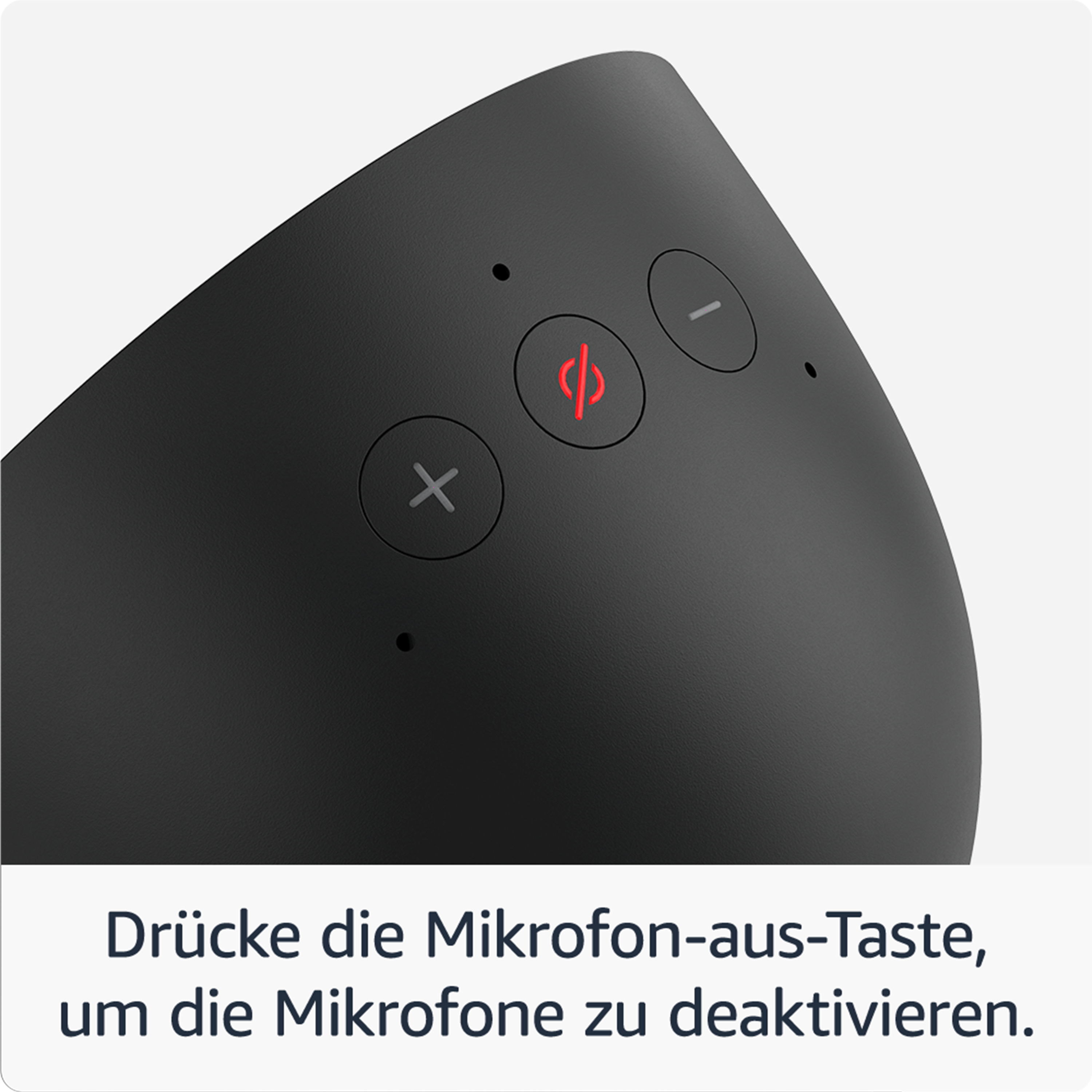 Schwarzer Smart Speaker von oben. Power- und Lautstärketasten sind sichtbar. Rotes Mikrofon-Aus-Symbol.