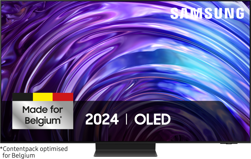 TV Samsung OLED, fond violet et blanc avec texte '2024 OLED' et badge 'Made for Belgium'.