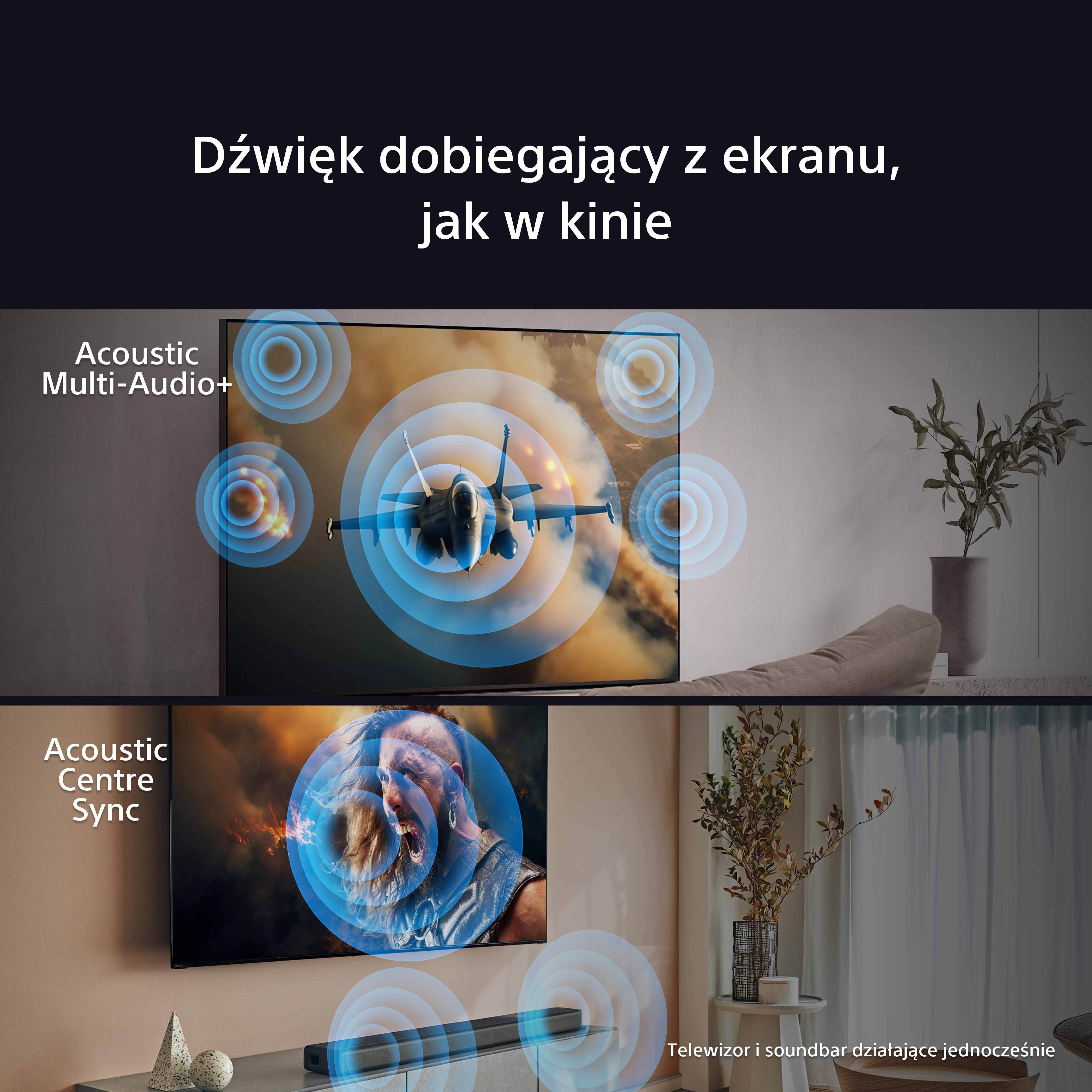Dwa obrazy przedstawiające telewizor i soundbar z tekstem o jakości dźwięku.