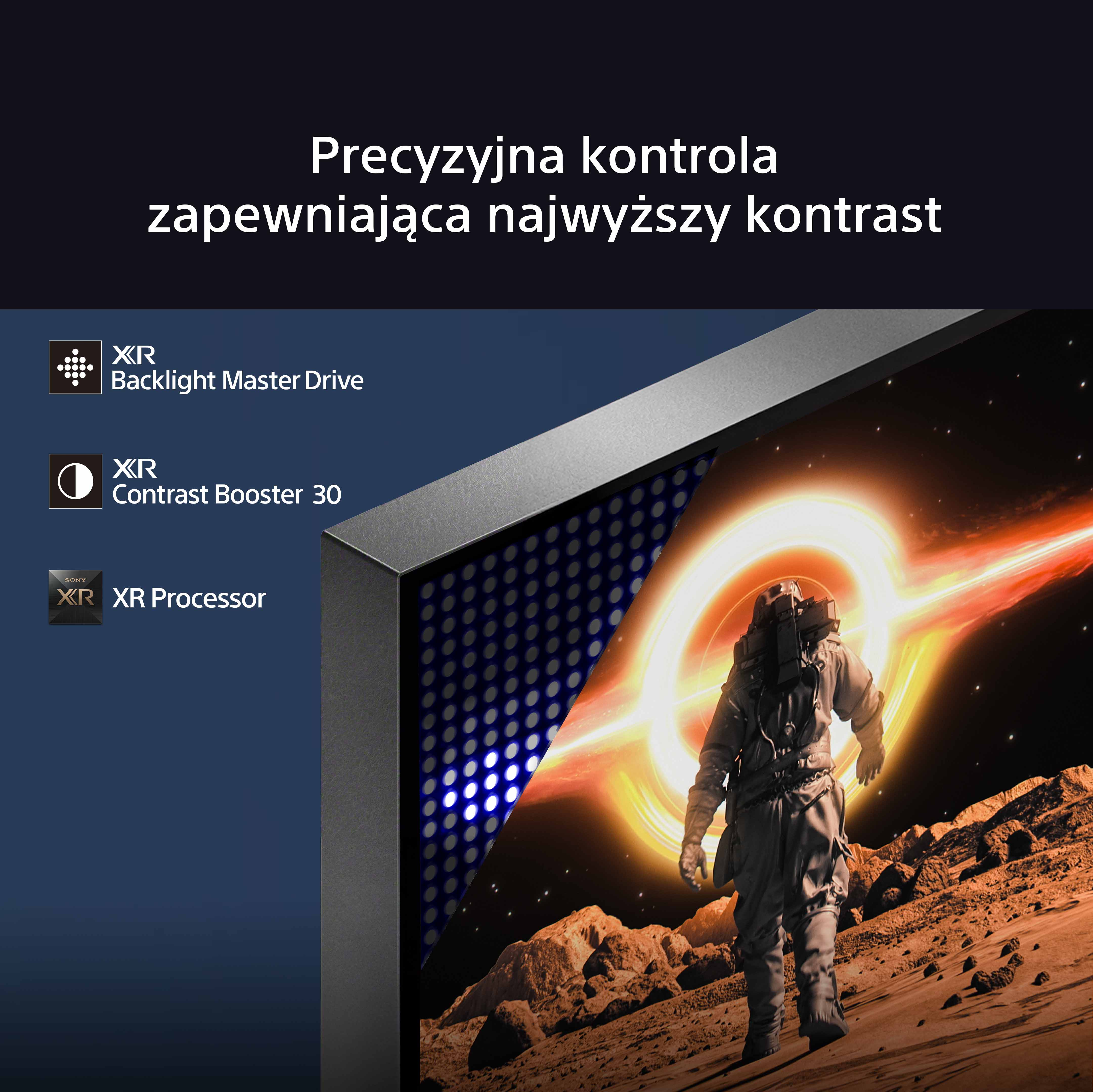 Astronauta przed jasnym światłem, z tekstem technicznym po lewej.