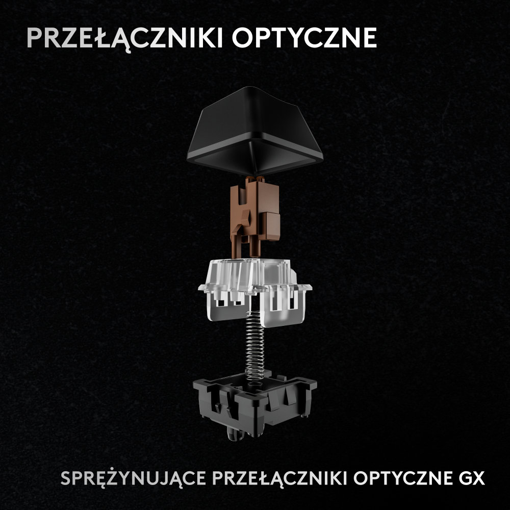 Zdemontowany przełącznik optyczny klawiatury, pokazujący komponenty. Czarne tło.