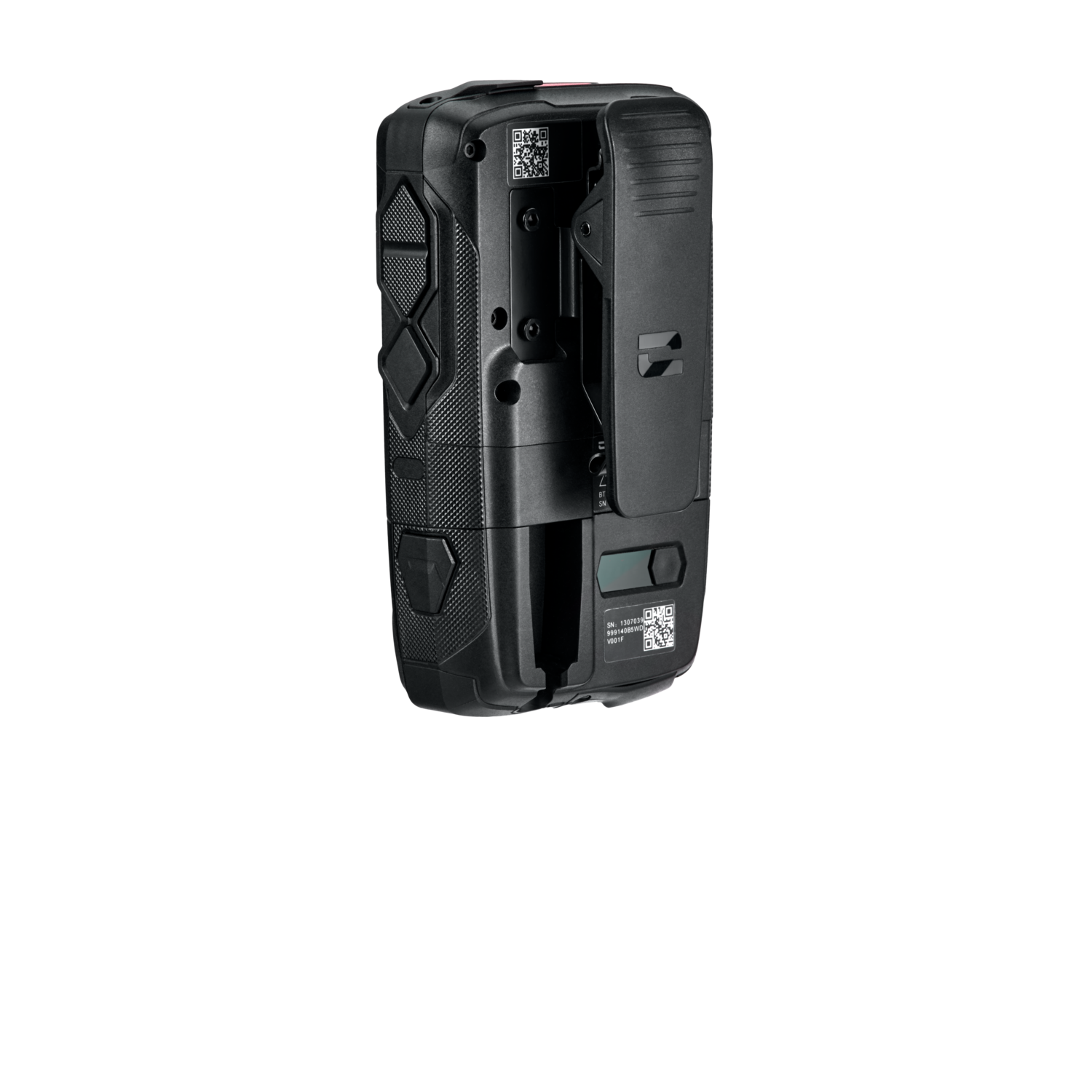 Een zwarte bodycamera met een clip, van de zijkant gezien.
