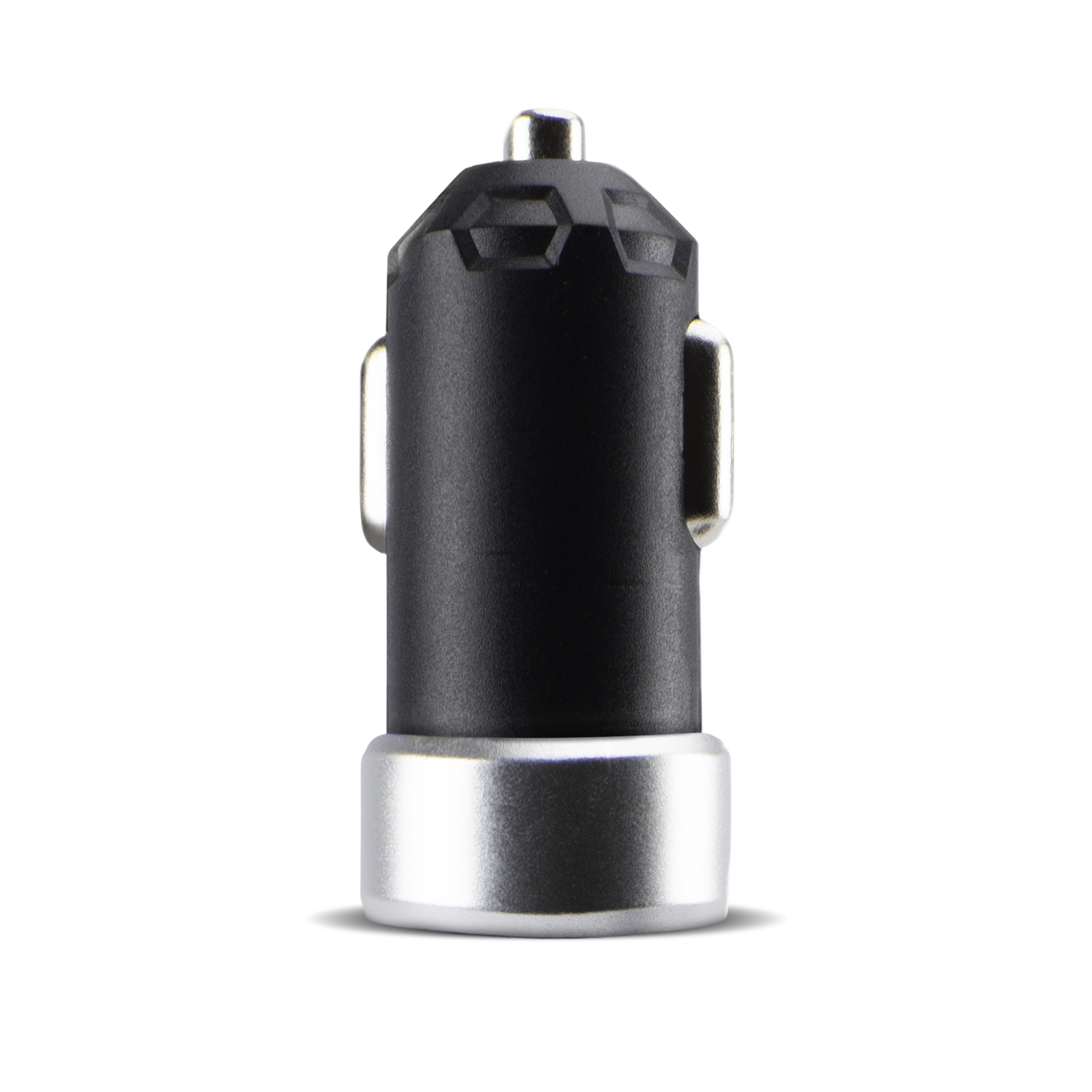 Close-up of a black car charger with a silver base and a textured top.