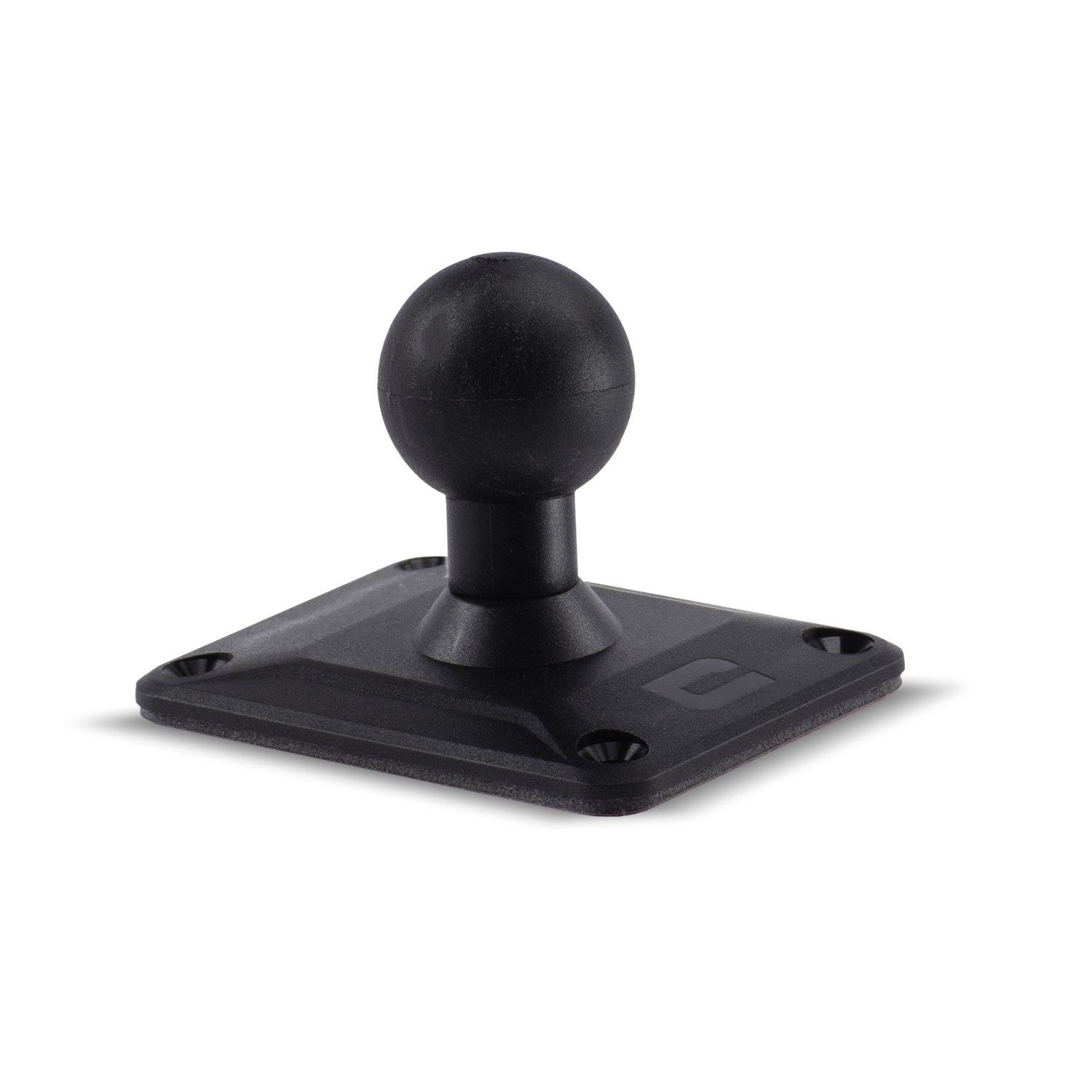Black mounting base with a ball joint on a black background. Four screw holes are visible.