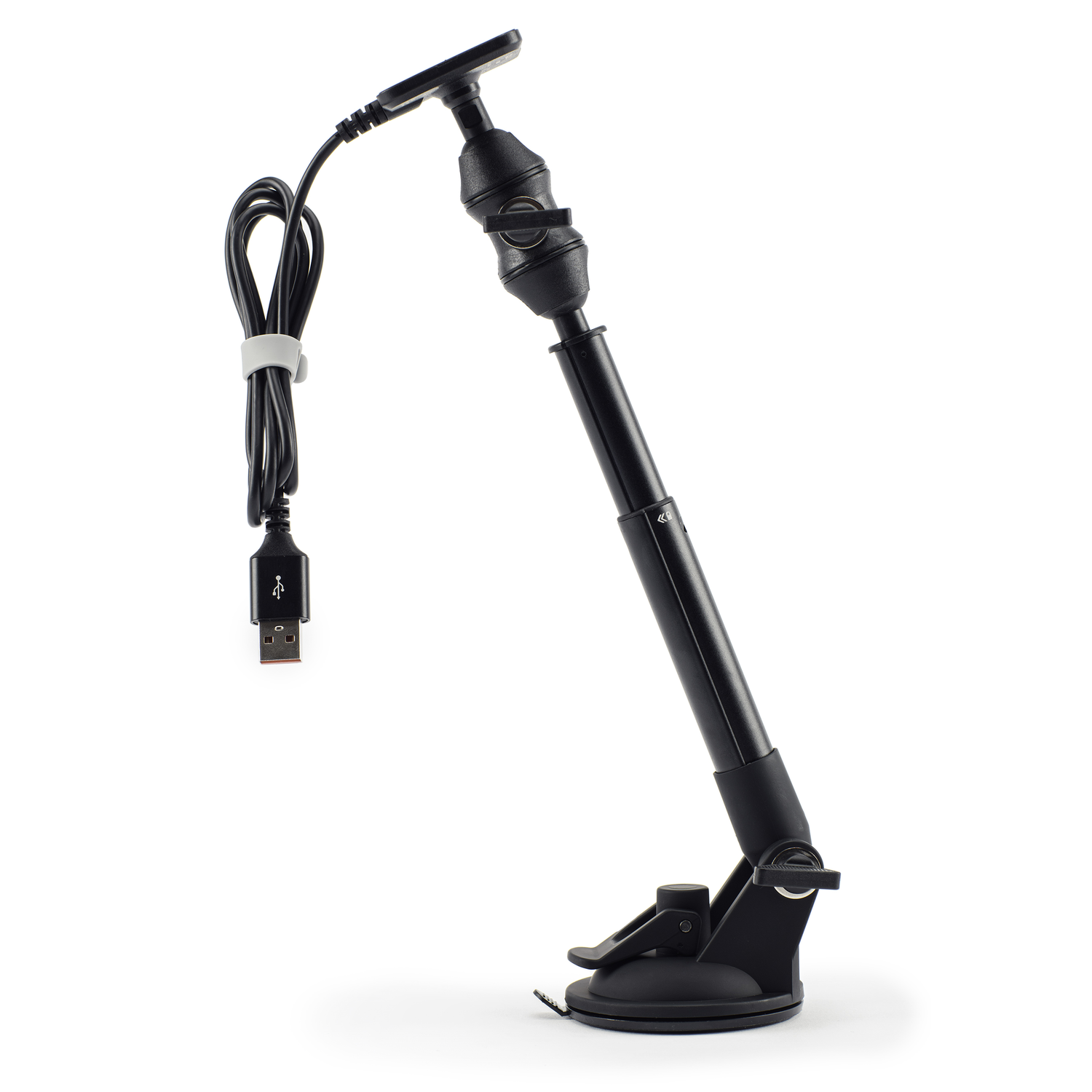 Black suction cup mount with a USB cable. The mount has a ball joint and an adjustable arm.