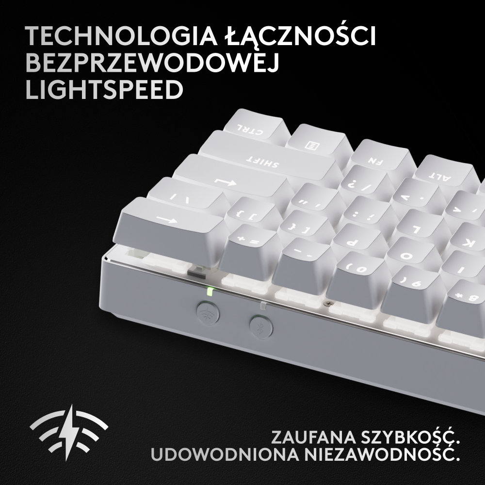 Biała klawiatura z podświetlanymi klawiszami, słowo LIGHTSPEED i logo na czarnym tle.