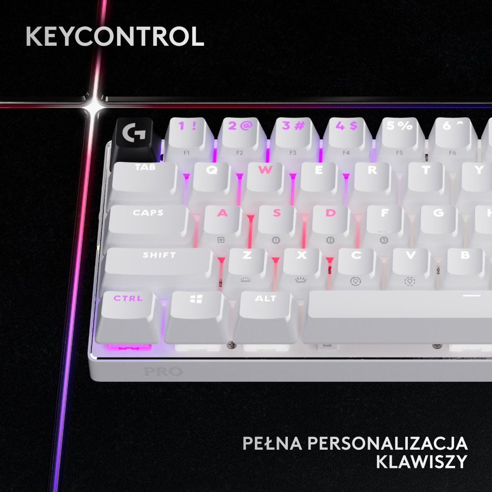 Biała klawiatura z podświetlanymi klawiszami i słowem KEYCONTROL. Klawisze są białe.