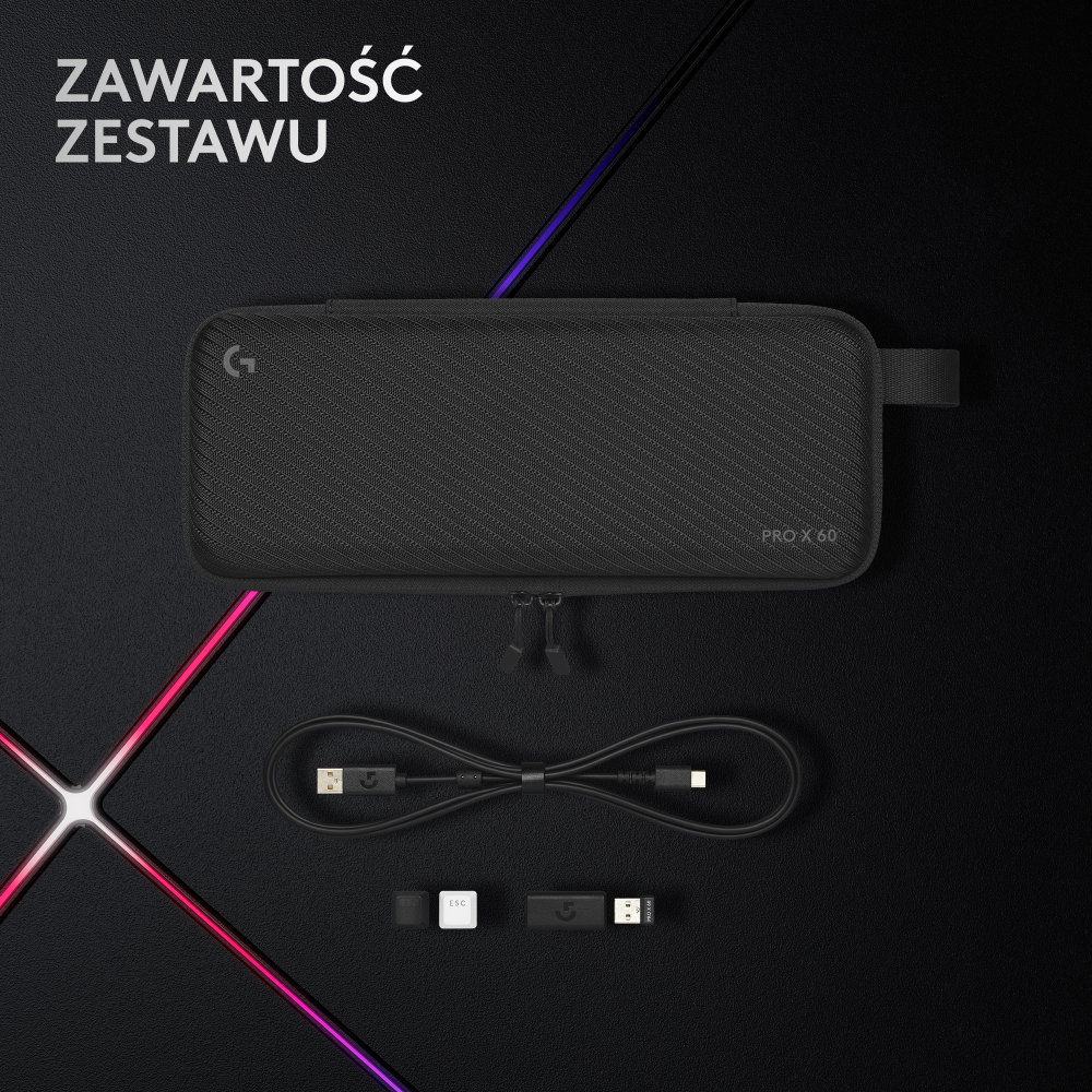 Czarna walizka z klawiaturą, kablem i innymi akcesoriami.