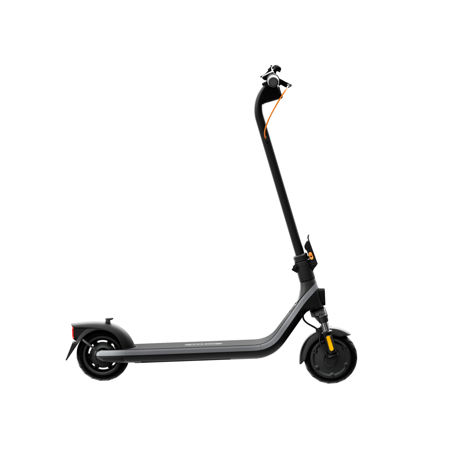 Zwarte elektrische scooter op zwarte achtergrond, met oranje accent.