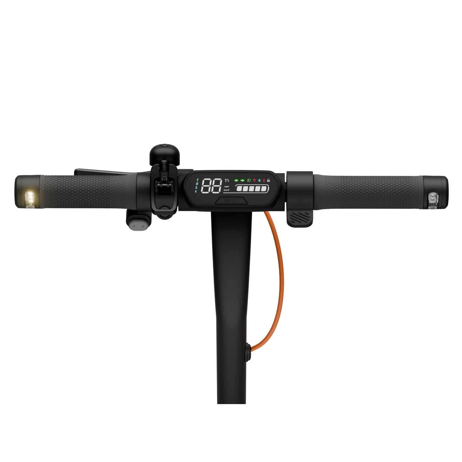 Zwart scooterstuur met een display met "88" en andere info.