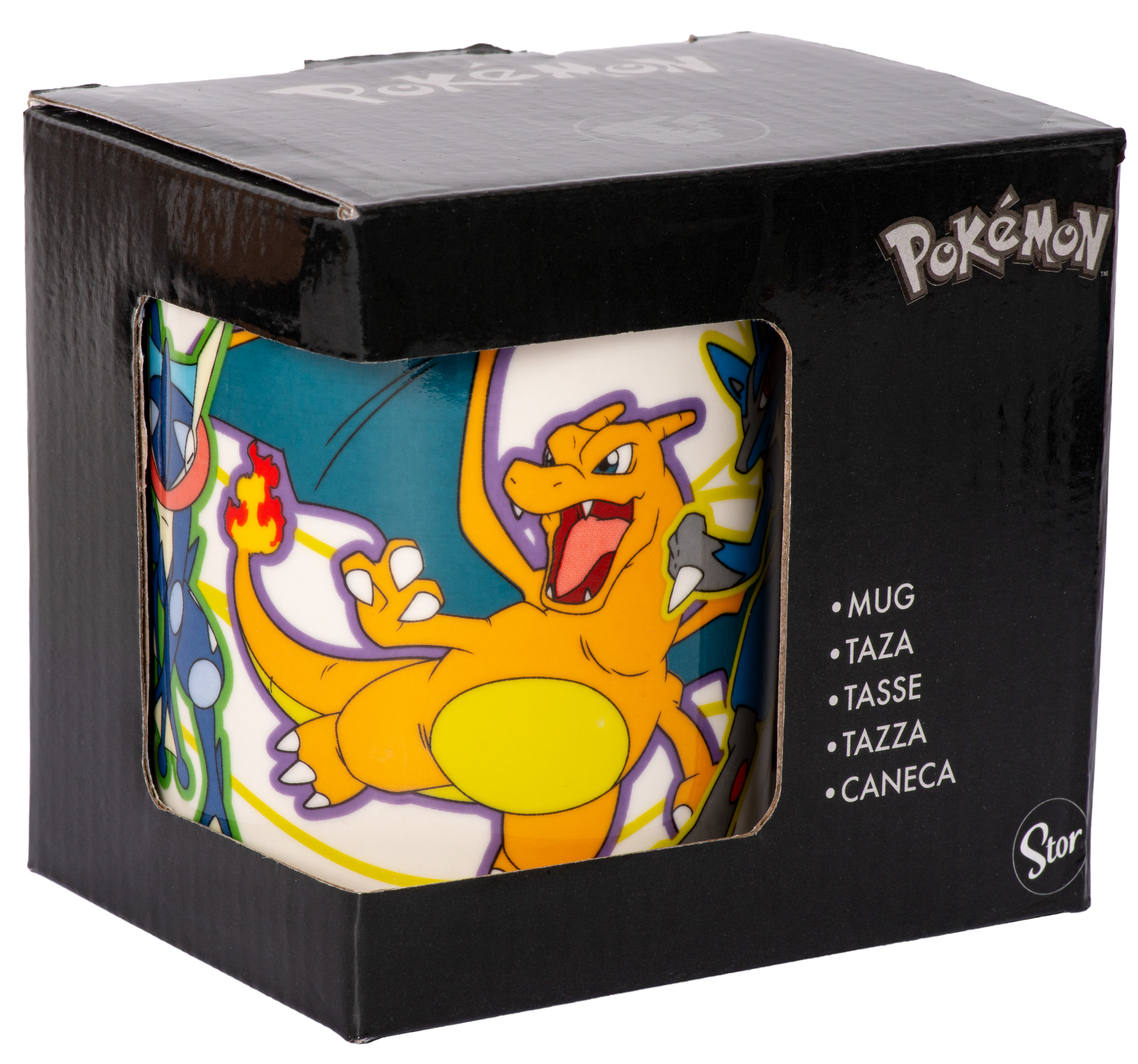 Karton mit einer Tasse mit Charizard, einem Pokémon-Charakter.
