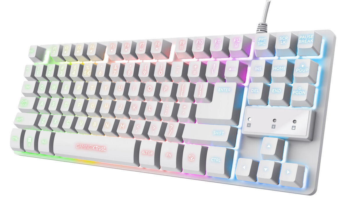 Biała klawiatura mechaniczna ze światłami RGB. Klawisze oznaczone literami i symbolami.