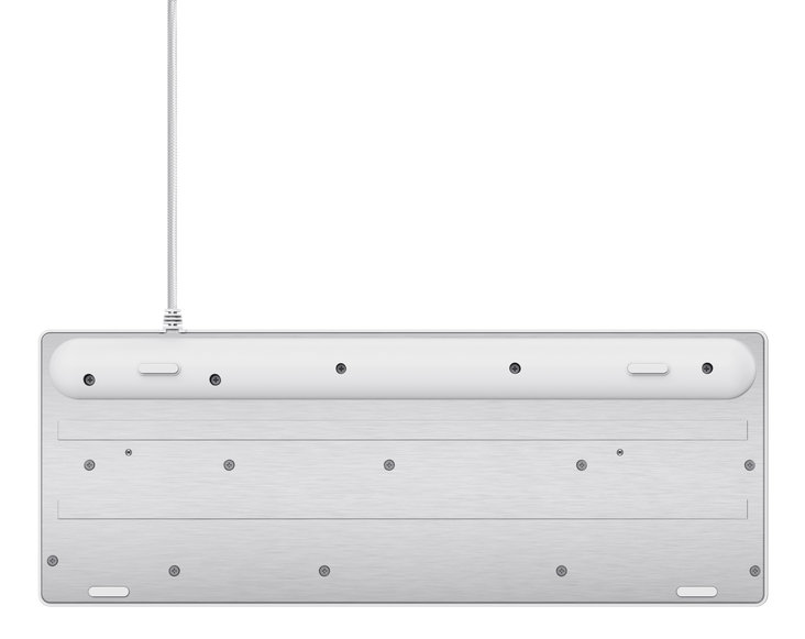 Widok od spodu białej klawiatury, pokazujący śruby i kabel.