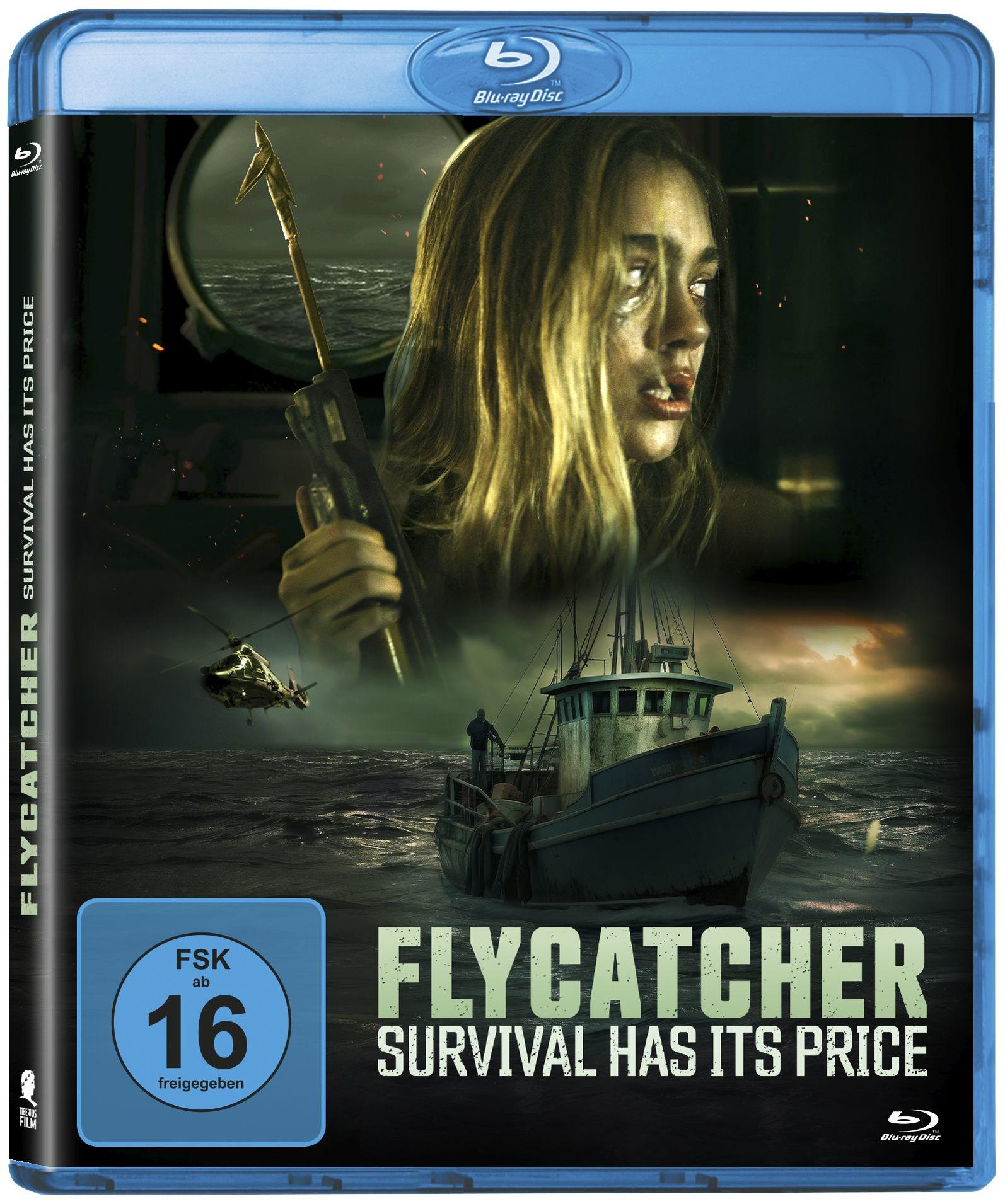 Blu-ray-Disc-Hülle für einen Film. Zeigt eine Frau und ein Boot auf dem Meer. Titel: FLYCATCHER.