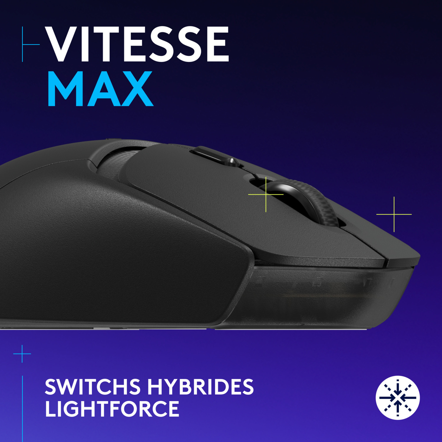 Souris noire avec texte : VITESSE MAX, SWITCHS HYBRIDES LIGHTFORCE.