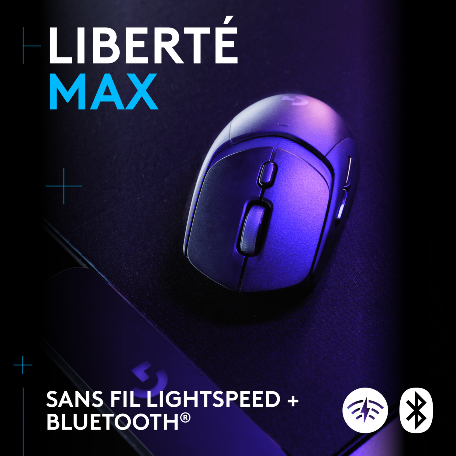 Souris noire avec le texte LIBERTÉ MAX et les mots SANS FIL LIGHTSPEED + BLUETOOTH.