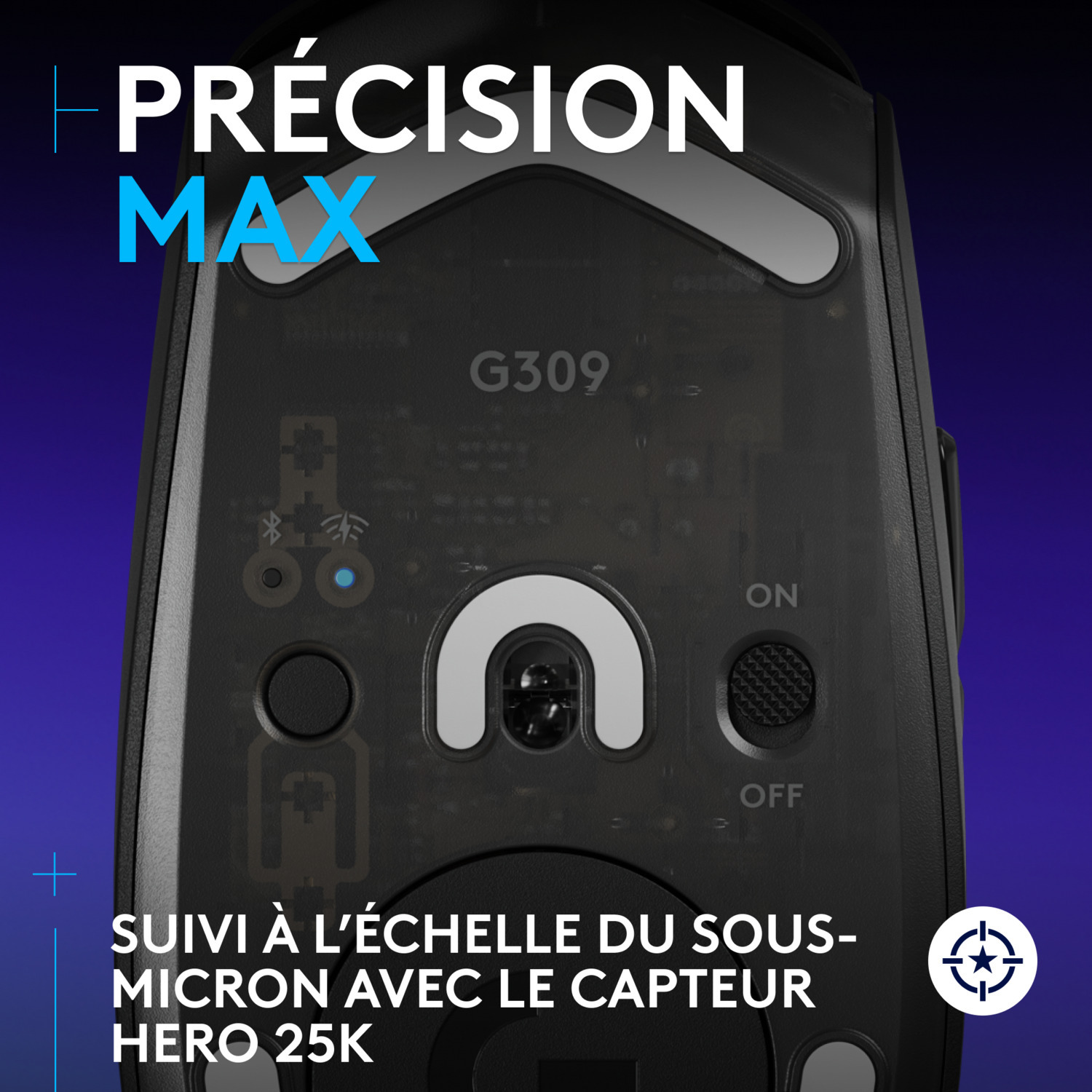 Dessous de la souris avec texte et logos. Le texte dit 'PRECISION MAX' et du texte en français.