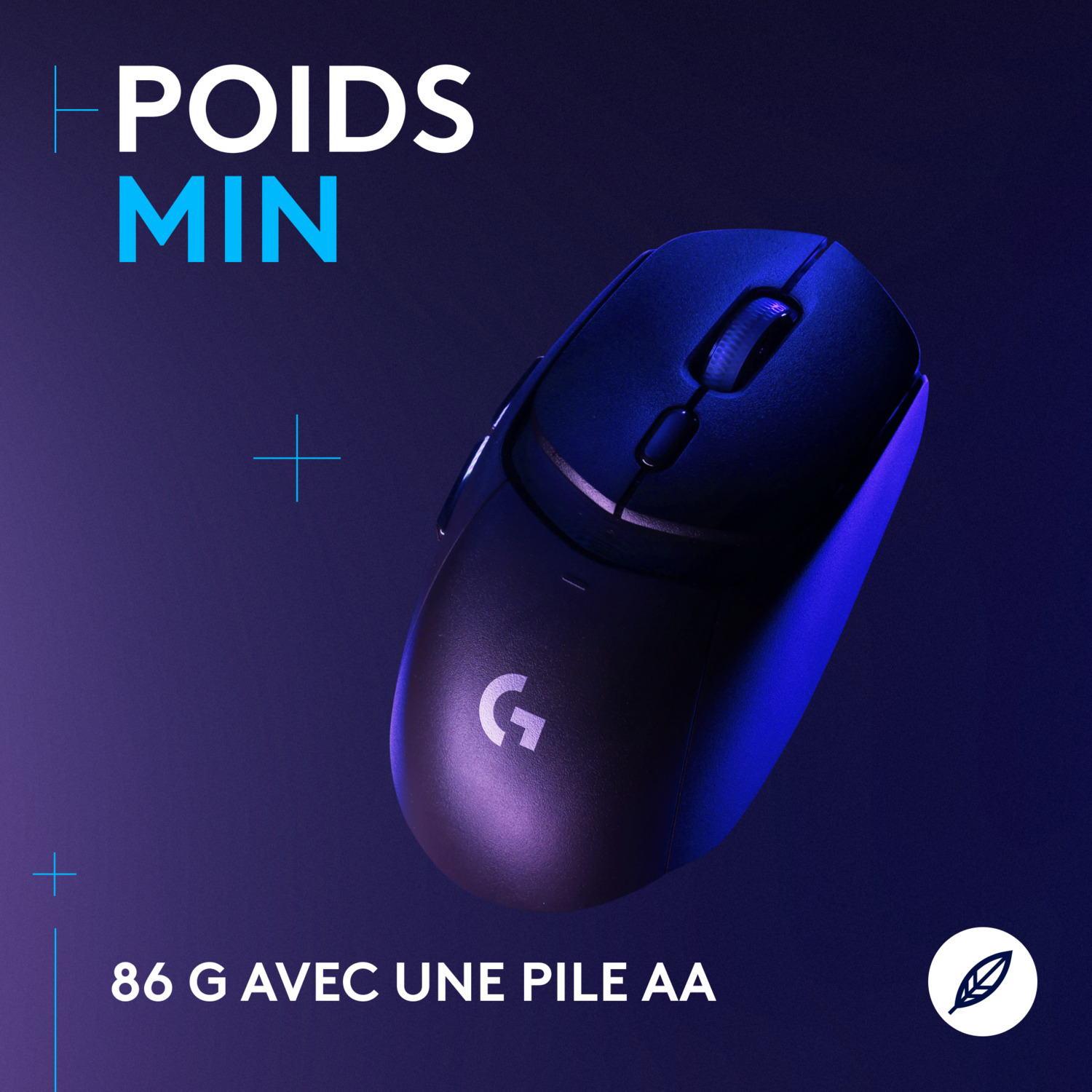 Souris d'ordinateur noire avec le texte '86 G AVEC UNE PILE AA' et le mot 'POIDS MIN'.