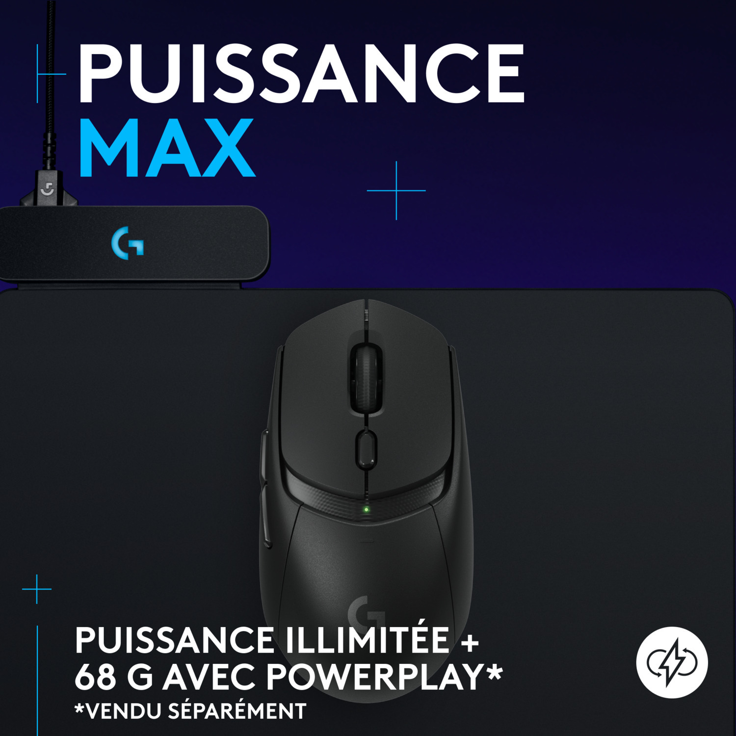 Souris noire avec tapis de souris. Texte: 'PUISSANCE MAX' et '68 G AVEC POWERPLAY'.