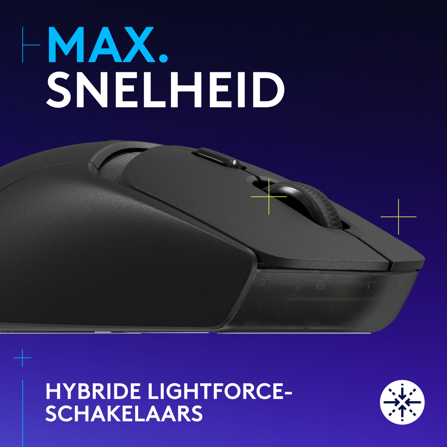Black mouse on a blue background. Text includes MAX. SNELHEID and HYBRIDE LIGHTFORCE-SCHAKELAARS.