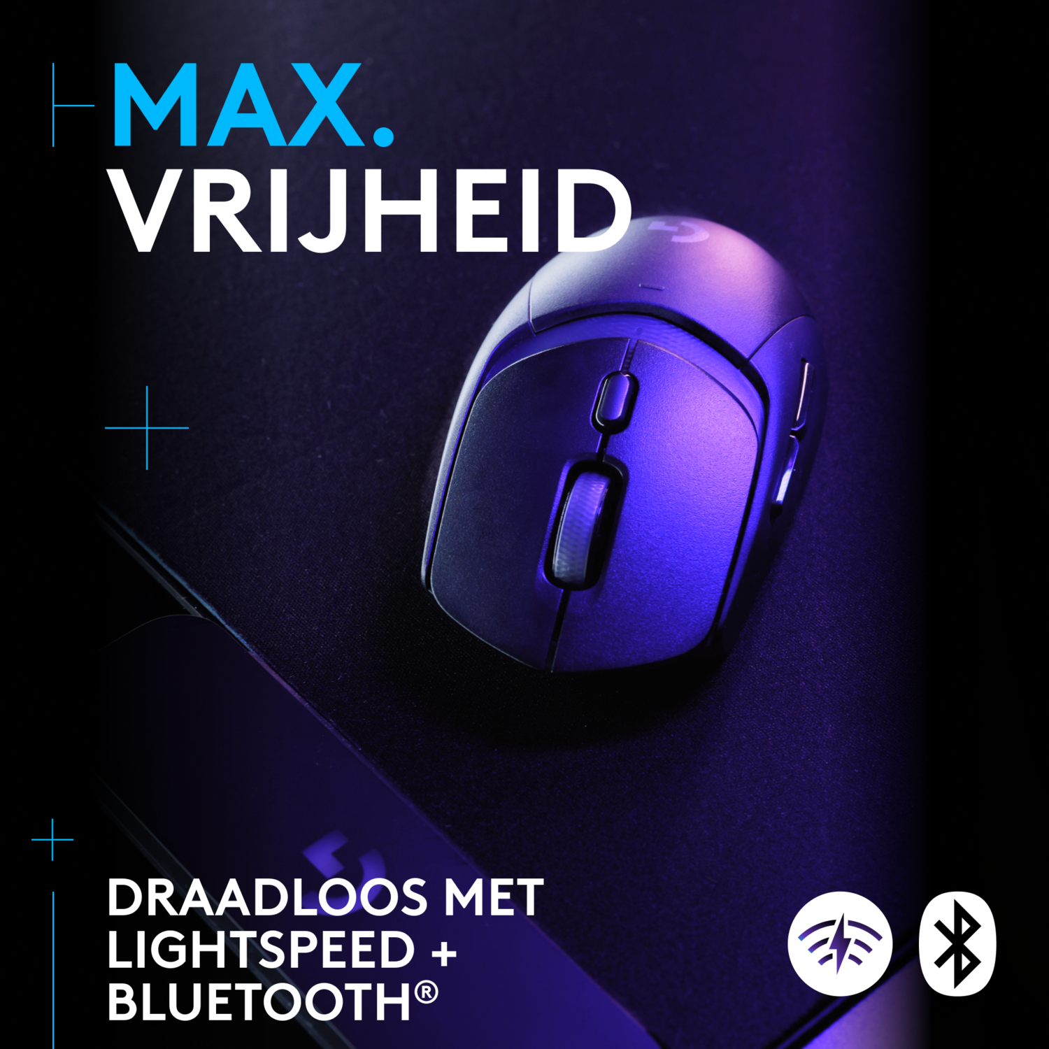 Wireless Logitech mouse on a dark surface. Text says 'MAX. VRIJHEID' and 'DRAADLOOS MET LIGHTSPEED + BLUETOOTH®'.