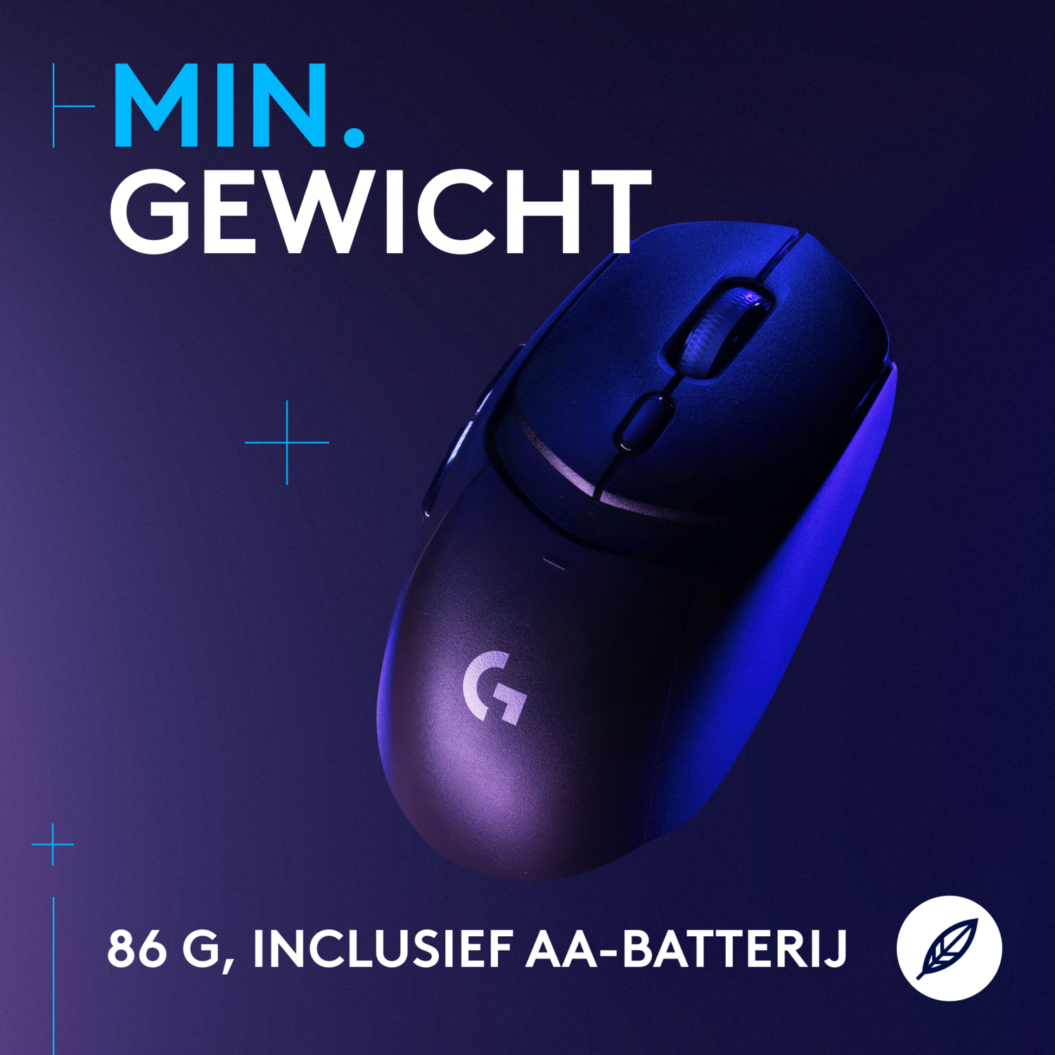 Black and blue wireless mouse with text about minimum weight and an AA battery.