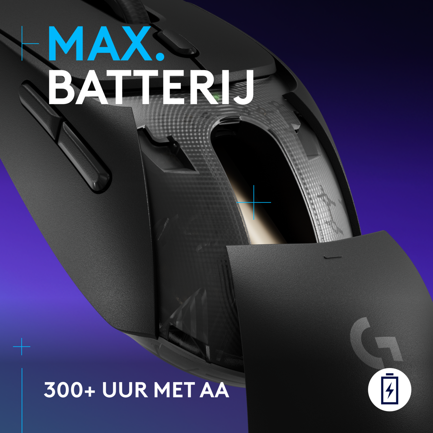 Black computer mouse with a battery compartment open, with text and logo.
