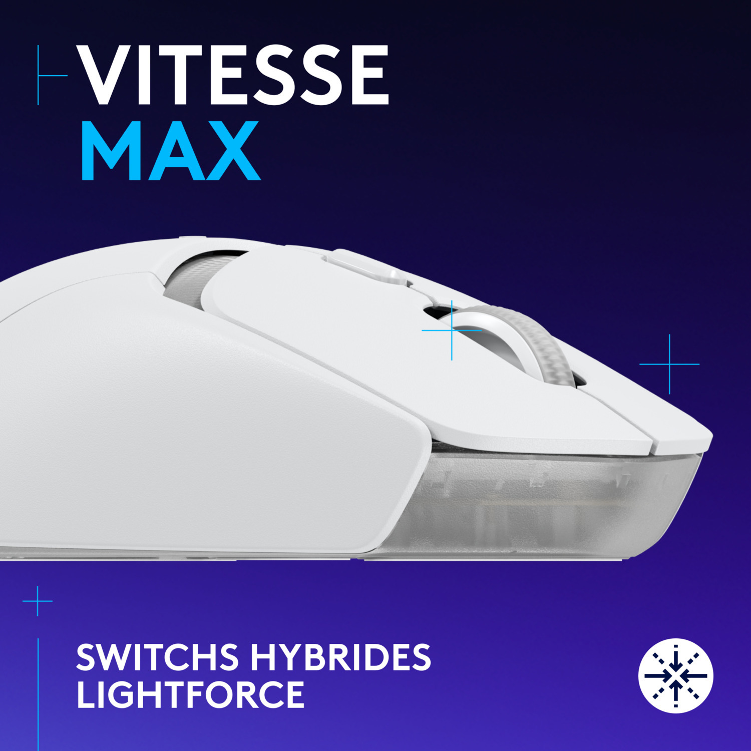 Souris blanche avec le texte VITESSE MAX et les mots SWITCHS HYBRIDES LIGHTFORCE.