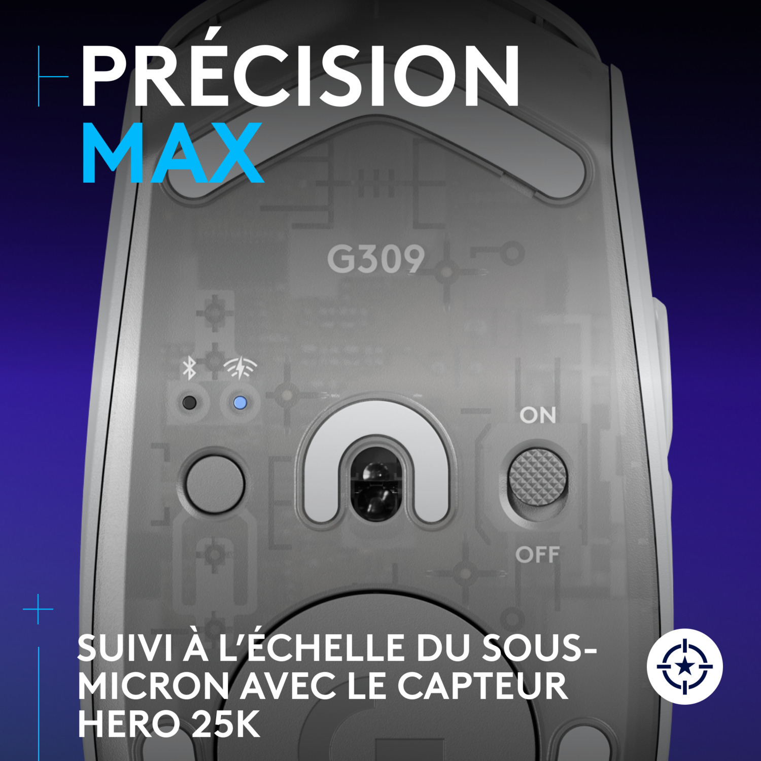 Souris montrant le bas avec le texte PRÉCISION MAX et les mots SUIVI À L'ÉCHELLE.