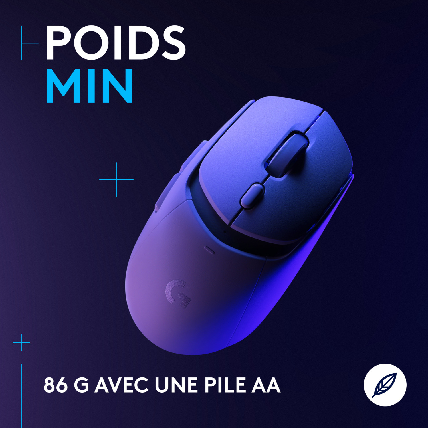Une souris sans fil violette avec un fond dégradé bleu. Texte : "POIDS MIN" et "86 G AVEC UNE PILE AA".
