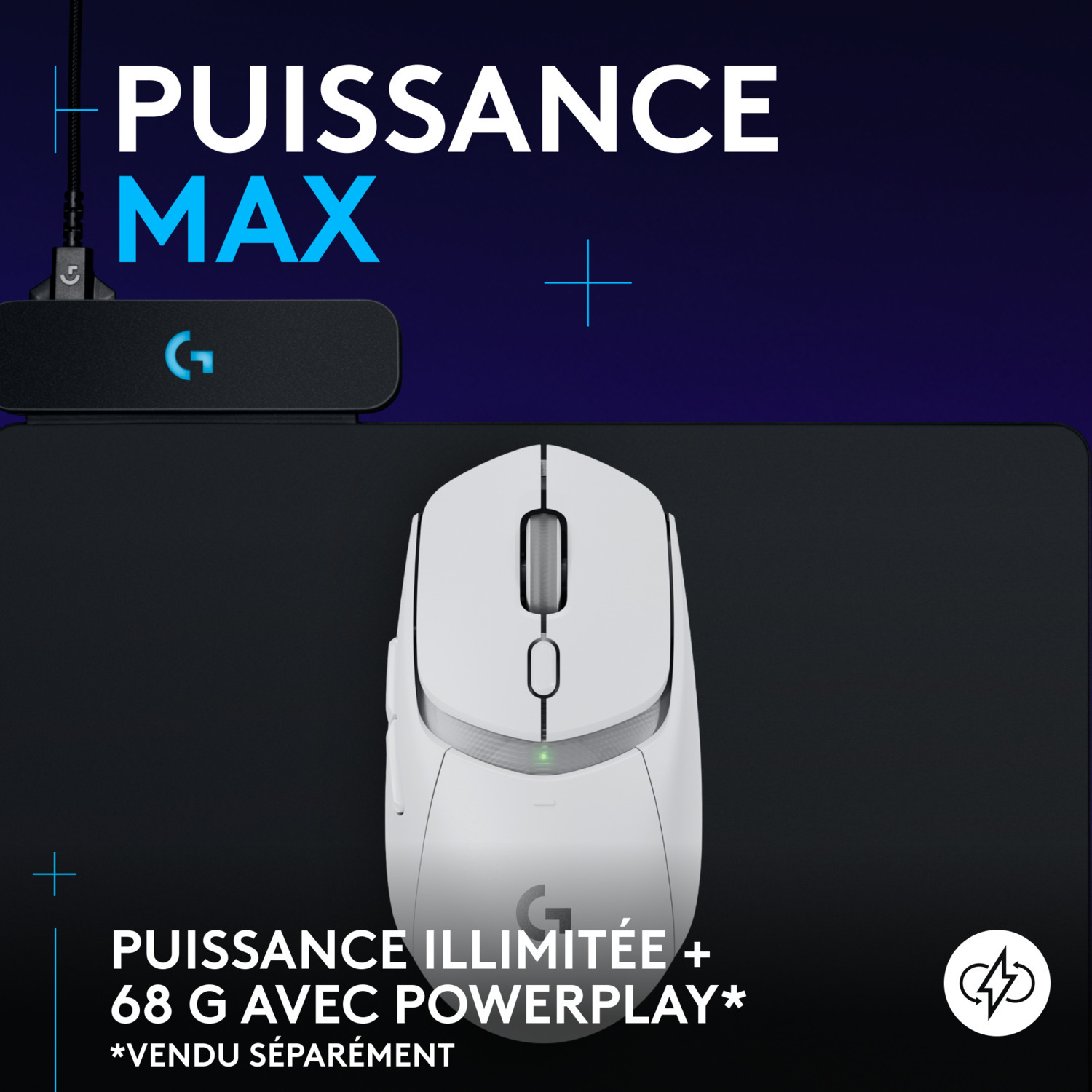 Souris sans fil blanche et socle de charge, texte : PowerPlay.