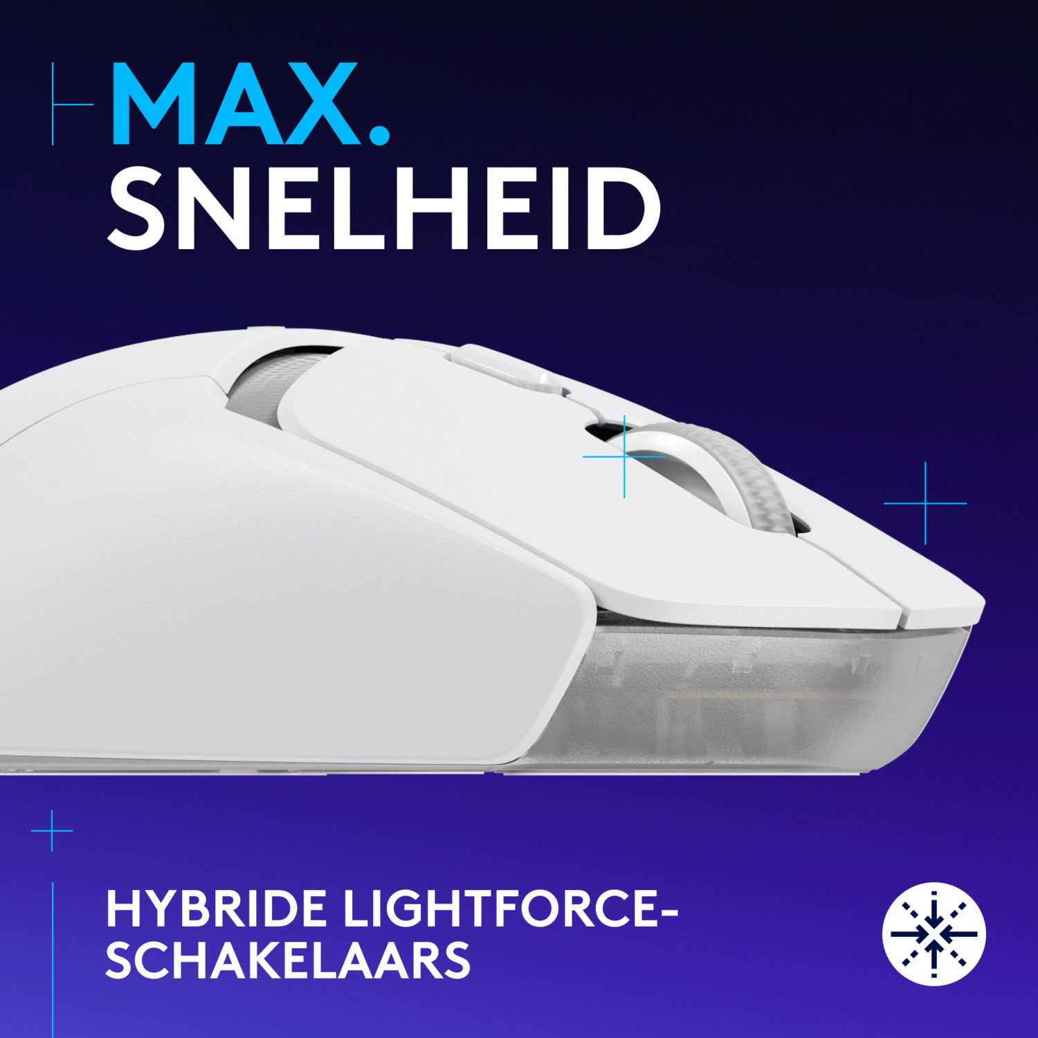 White gaming mouse angled, with text “MAX. SNELHEID” and “HYBRIDE LIGHTFORCE-SCHAKELAARS”.