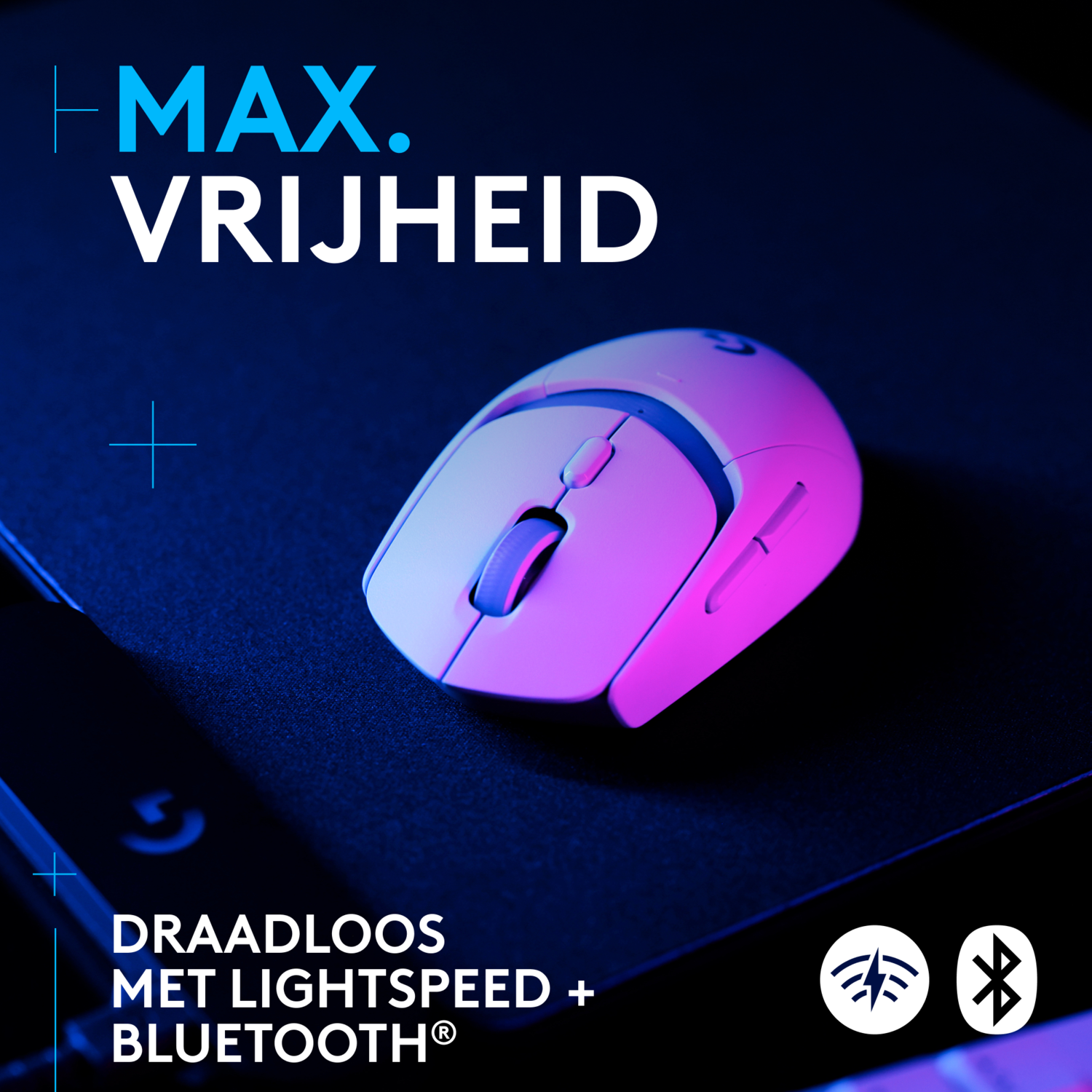 Pink mouse with the text MAX. VRIJHEID and the words DRAADLOOS MET LIGHTSPEED + BLUETOOTH.
