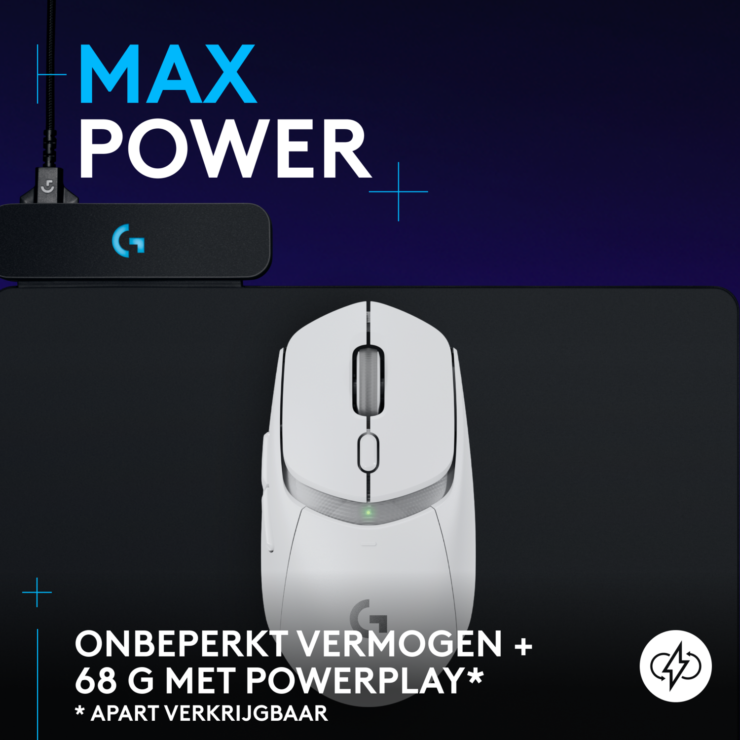 White mouse on a black surface. Text says 'MAX POWER' and 'ONBEPERKT VERMOGEN'.
