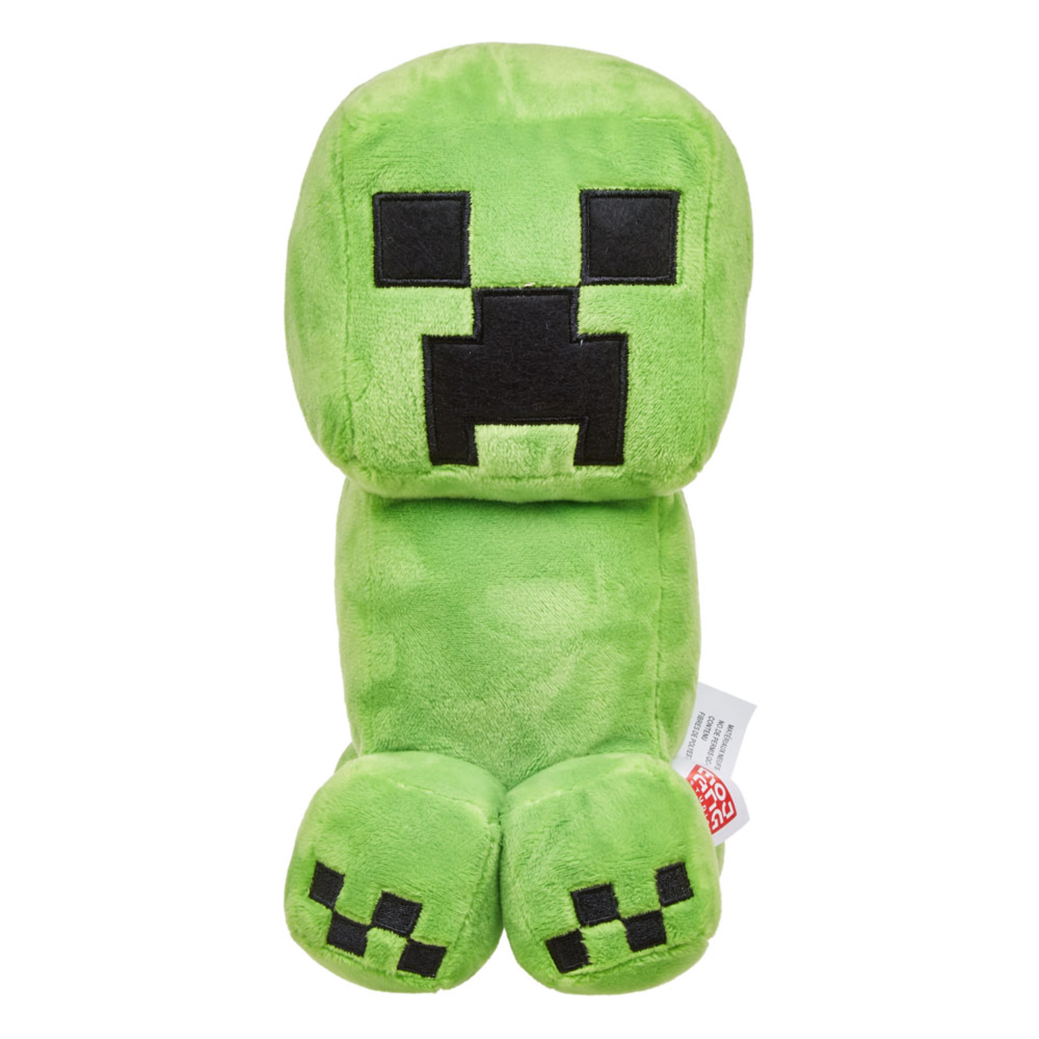 Green Minecraft Creeper plush toy, with black eyes and mouth, standing on a white background.