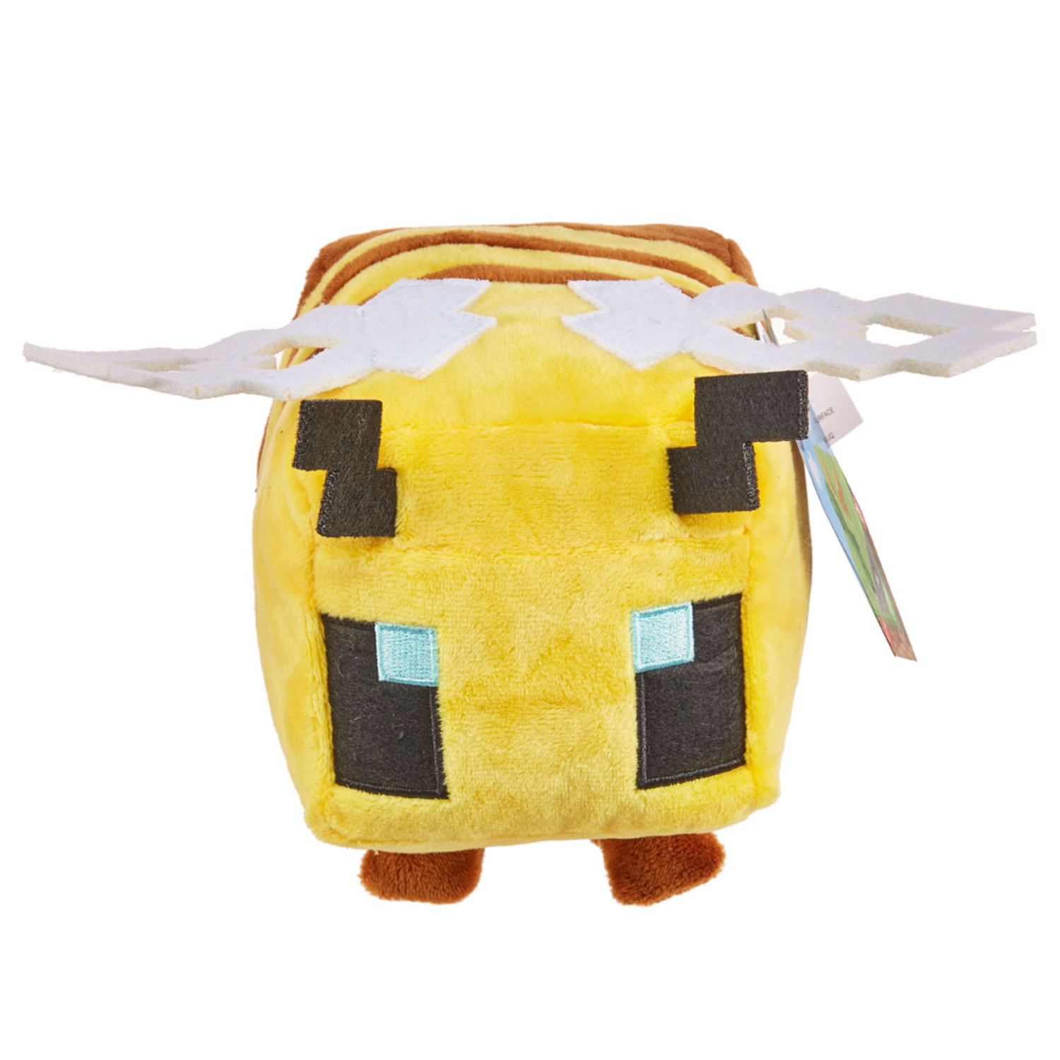 A yellow Minecraft bee plush toy, with wings and a tag.