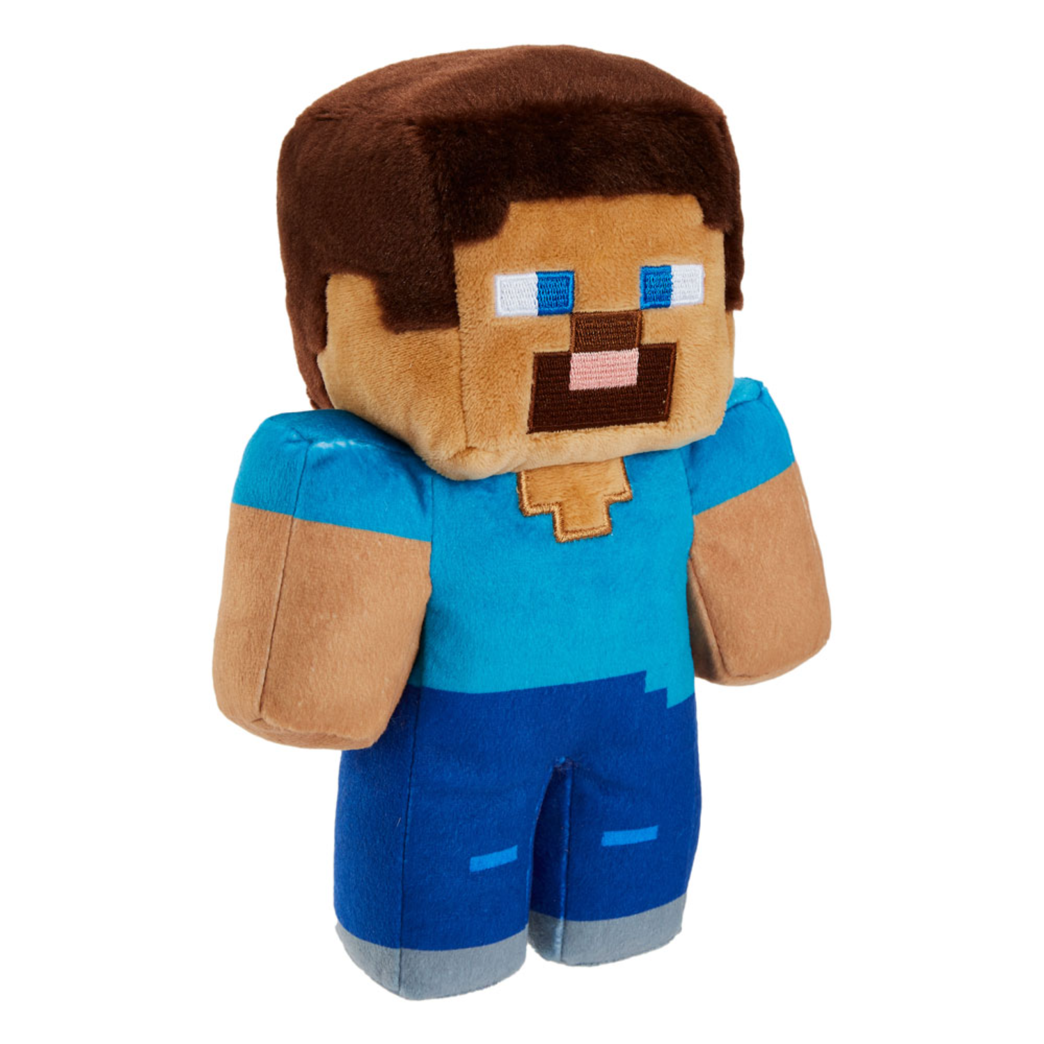 Minecraft Steve plush toy, standing. He has a square head, blue eyes, and is wearing a blue shirt.