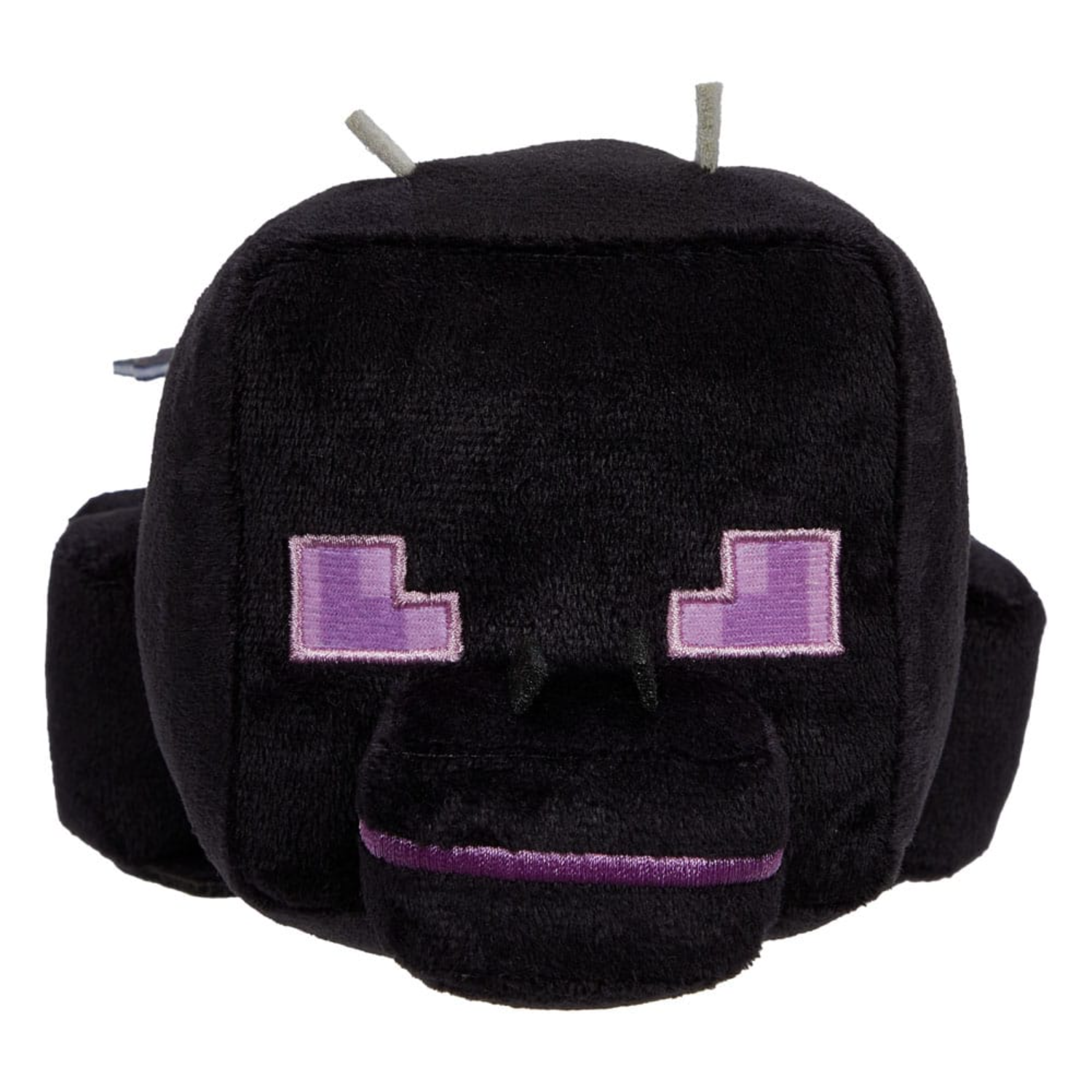 A black plush Enderman from Minecraft, with purple eyes, a square head, and small arms.