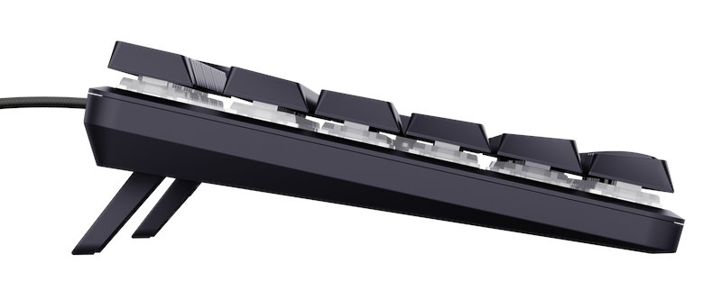 Widok z boku czarnej klawiatury z dwoma nóżkami.