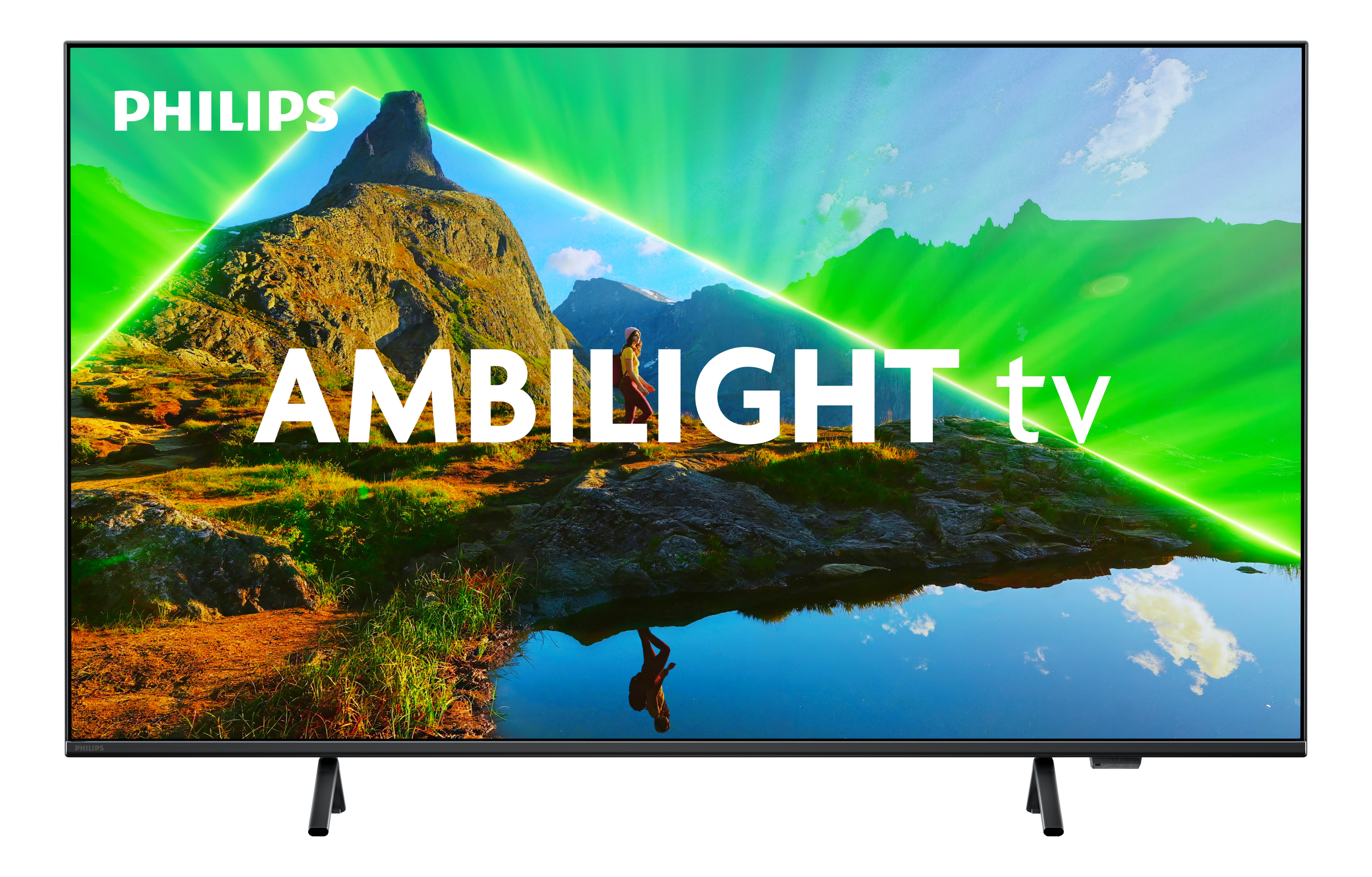 Philips Ambilight TV, das eine malerische Aussicht mit einer Person zeigt, die sich im Wasser spiegelt.