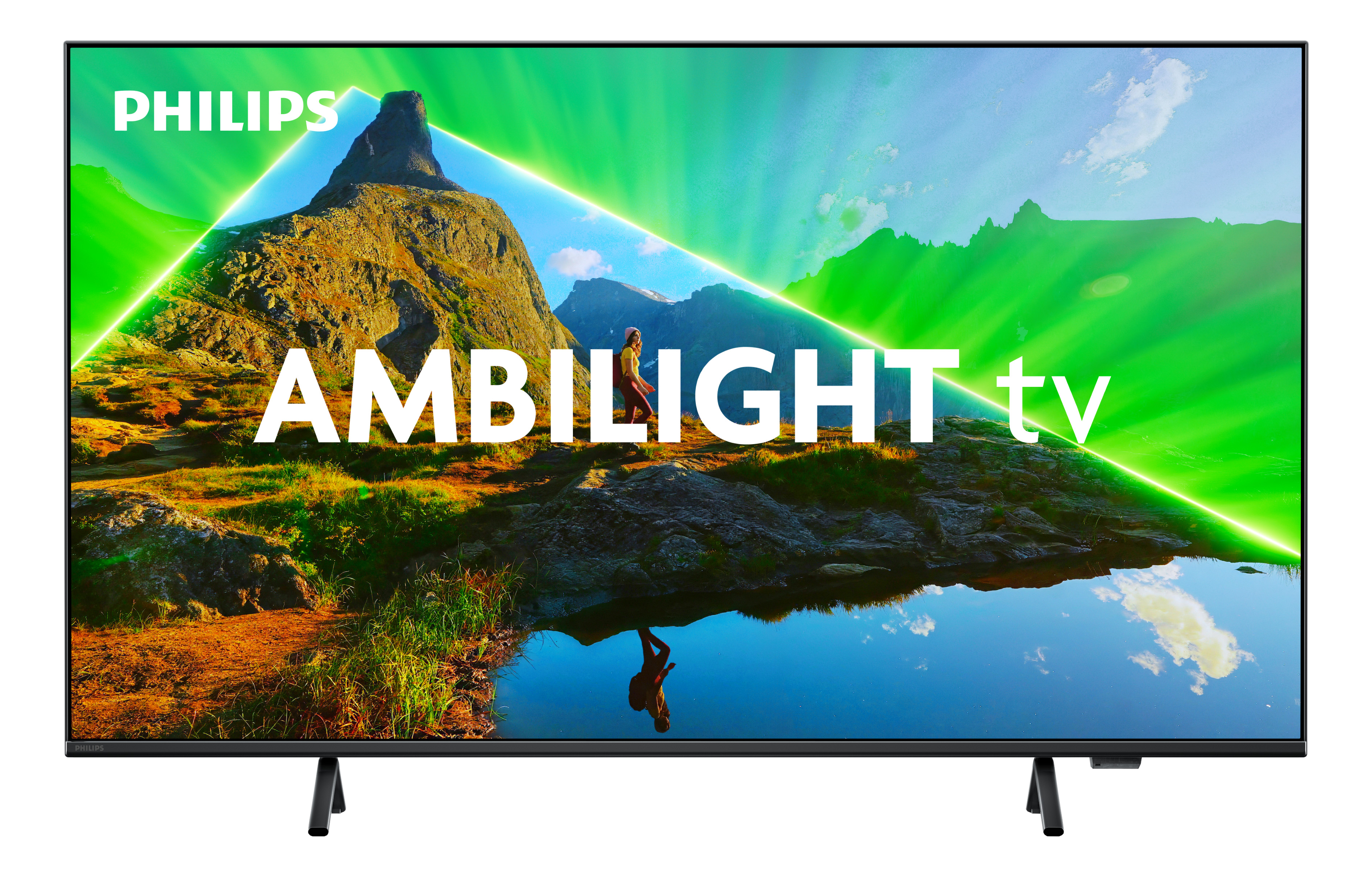 Una TV Philips Ambilight che mostra una scena di montagna con una persona e un lago, con supporto nero.