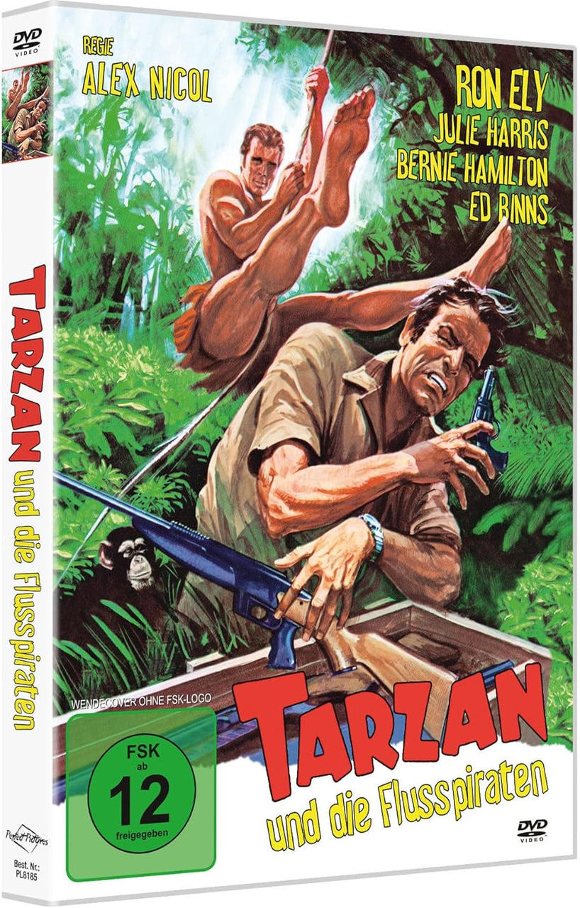 DVD-Cover von 'Tarzan und die Fluss piraten', mit Actionszene und Tarzan-Titel.