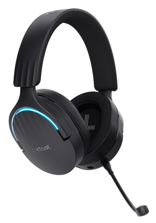 Czarne słuchawki dla graczy z niebieskimi akcentami i mikrofonem.