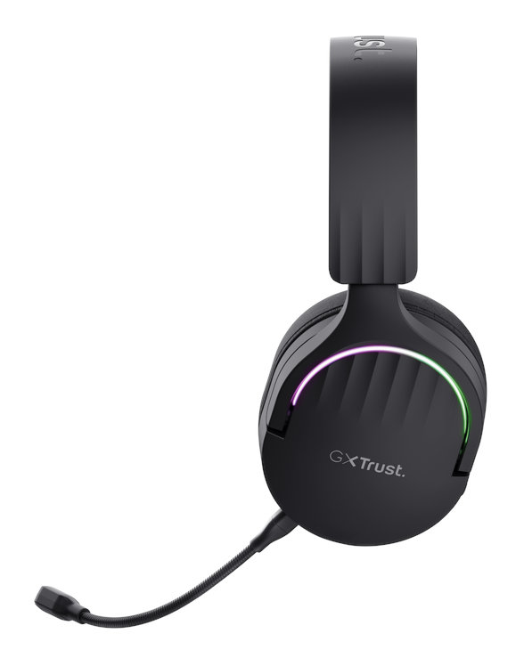 Czarne słuchawki gamingowe Trust z elastycznym mikrofonem i świecącymi akcentami.