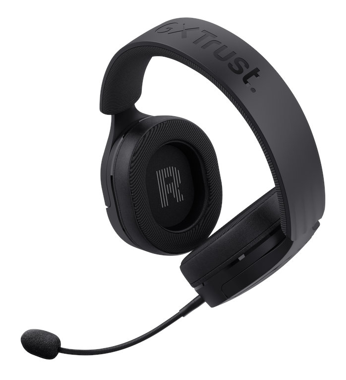 Czarny zestaw słuchawkowy Trust GX. Ma literę 'R' na nauszniku. Jest na białym tle.